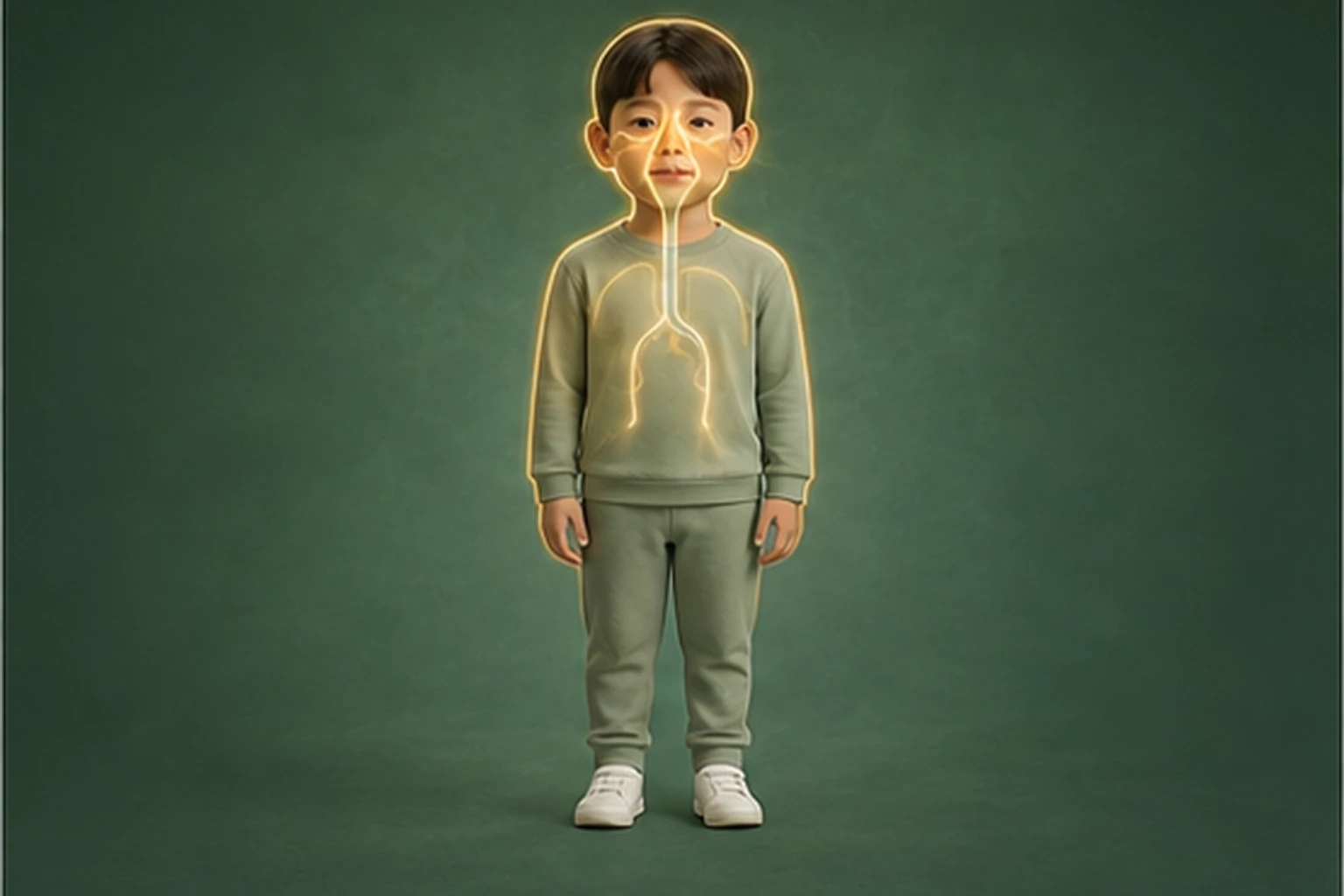 소아비염 아이의 머리부터 발끝까지 온전한 인체 형태에서 구조의 흐름을 선명한 황금빛으로 보여 주는 담적병 골든셋 교육 이미지