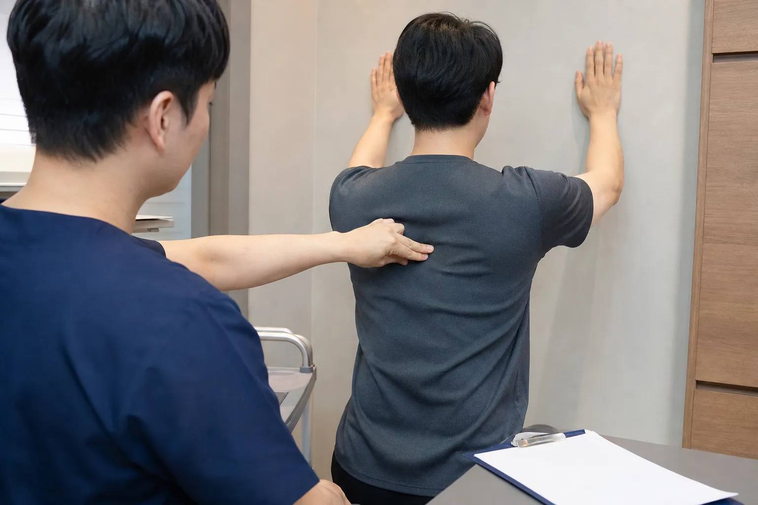 한국인 의료진이 능형근통증 환자의 견갑 움직임과 등 압통점을 국내 진료실에서 확인하는 장면