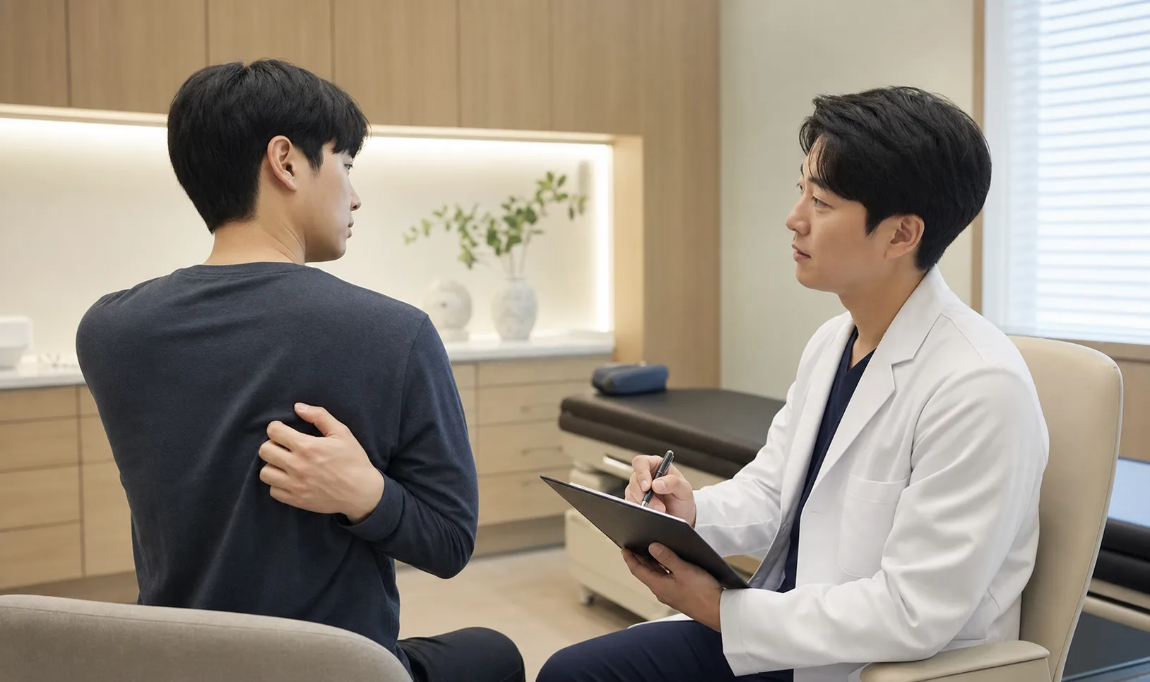 한국인 환자가 견갑골 안쪽 통증 부위를 국내 한의원 상담실에서 의료진에게 설명하는 장면