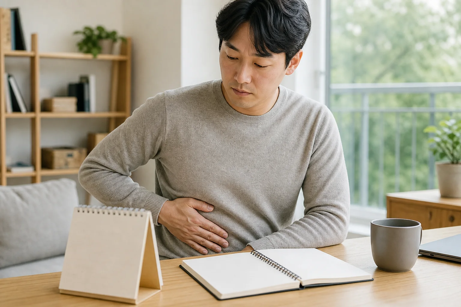 늑골염좌 환자가 갈비뼈 통증을 느끼며 상담 전 생활 기록을 정리하는 장면