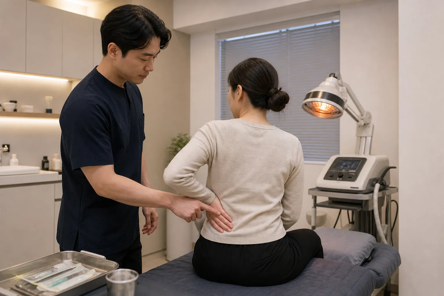 국내 한의원 진료실에서 한국인 갈비뼈 통증 환자가 호흡과 몸통 회전 체크를 받고 움직임 기록 기준을 확인하는 장면