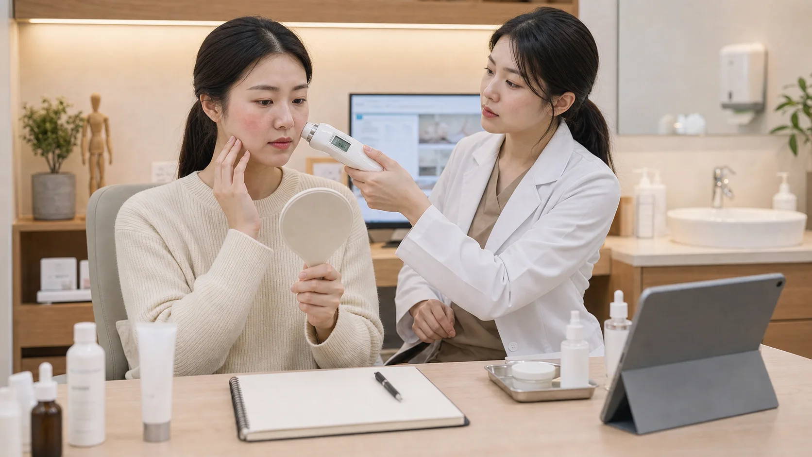 한국인 환자가 국내 한의원 진료실에서 얼굴 홍조와 피부 민감도를 확인받는 장면