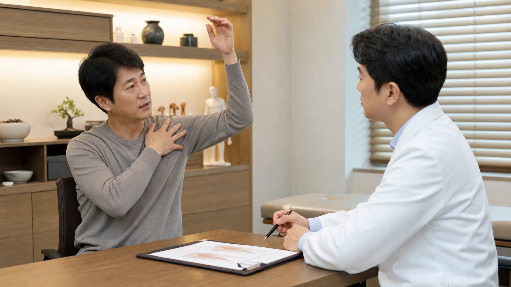 한국인 회전근개질환 환자가 국내 한의원 진료실에서 팔을 들어 올릴 때의 어깨 통증을 상담하는 장면
