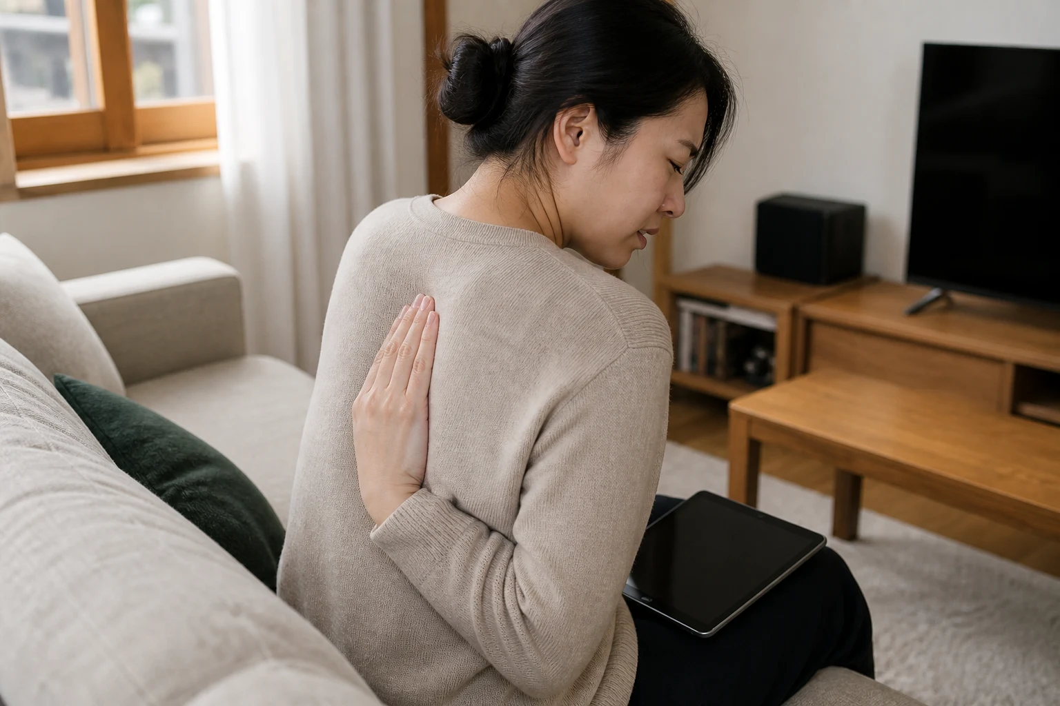 소파에서 태블릿을 보다가 멈춘 채 앞으로 말린 어깨로 목 아래 윗등을 짚으며 불편해하는 한국인 성인