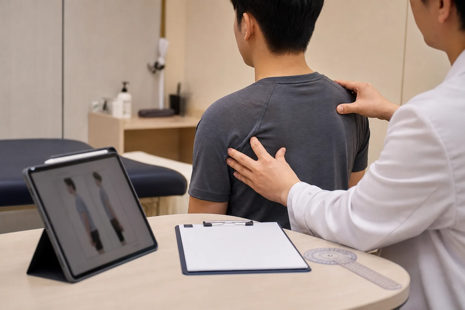 한국인 의료진이 라운드숄더 환자의 어깨와 견갑 정렬을 확인하며 자세 검사 기록을 보는 국내 진료실 장면