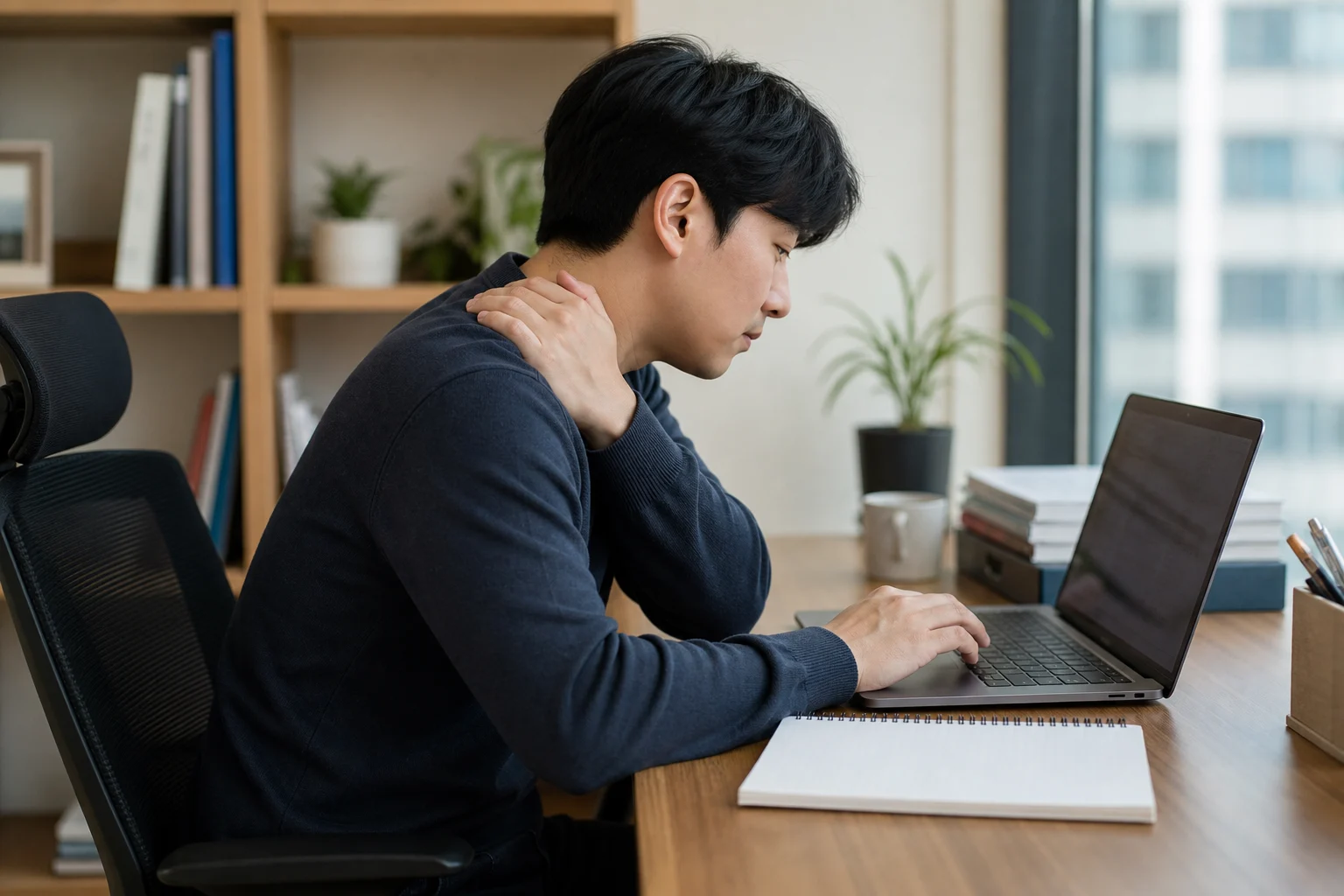 한국인 라운드숄더 환자가 책상 앞에서 목어깨 결림과 굽은 어깨 자세를 생활 기록으로 정리하는 장면