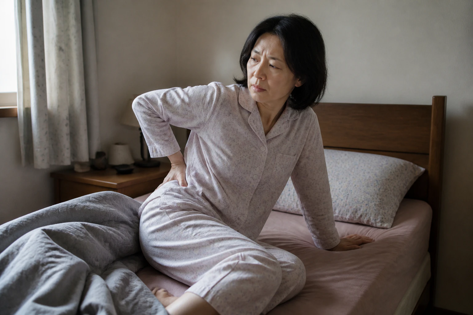 골반과 허리가 만나는 한쪽이 아파 잠자리에서 돌아눕다 멈춘 한국인 여성 한 명의 장면