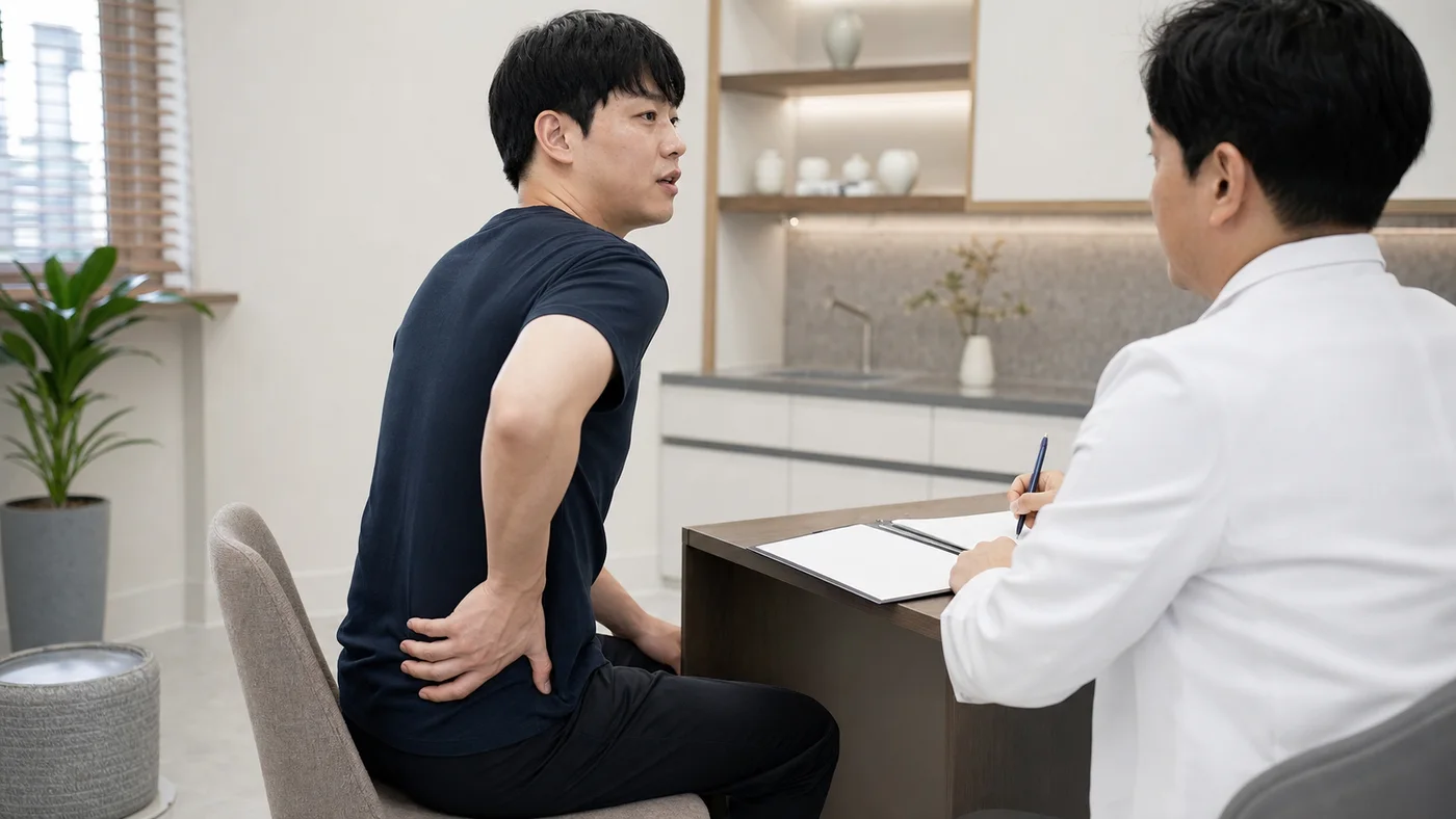 한국인 환자가 국내 한의원 상담실에서 엉치와 골반 뒤쪽 통증 위치를 설명하는 장면