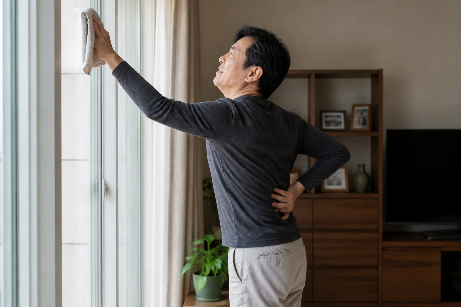 견갑골 주변이 아파 높은 창을 닦다 팔을 내리고 멈춘 한국인 남성 한 명의 생활 장면