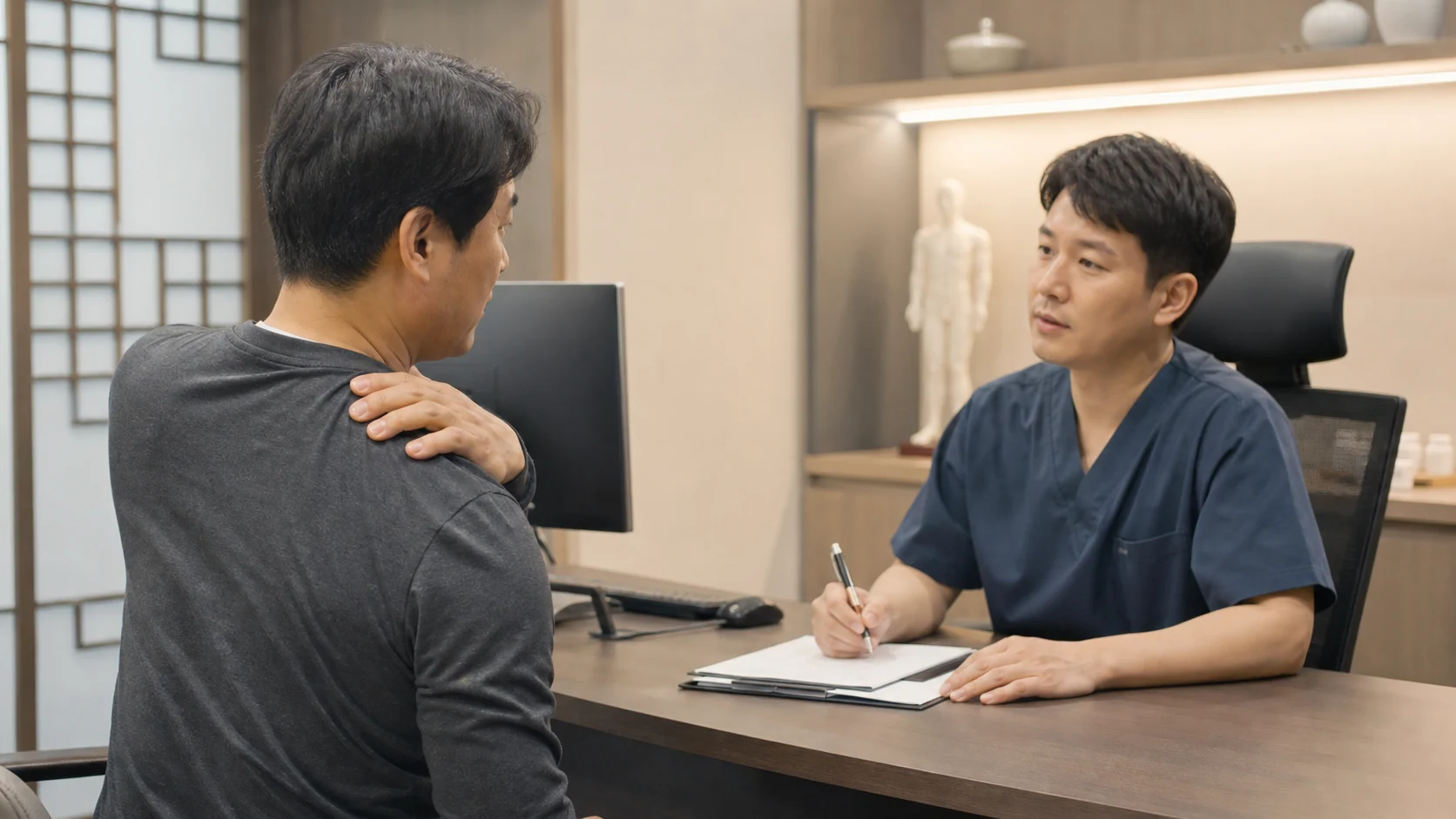 한국인 견갑골 통증 환자가 국내 한의원 상담실에서 날개뼈 안쪽 불편을 설명하는 장면