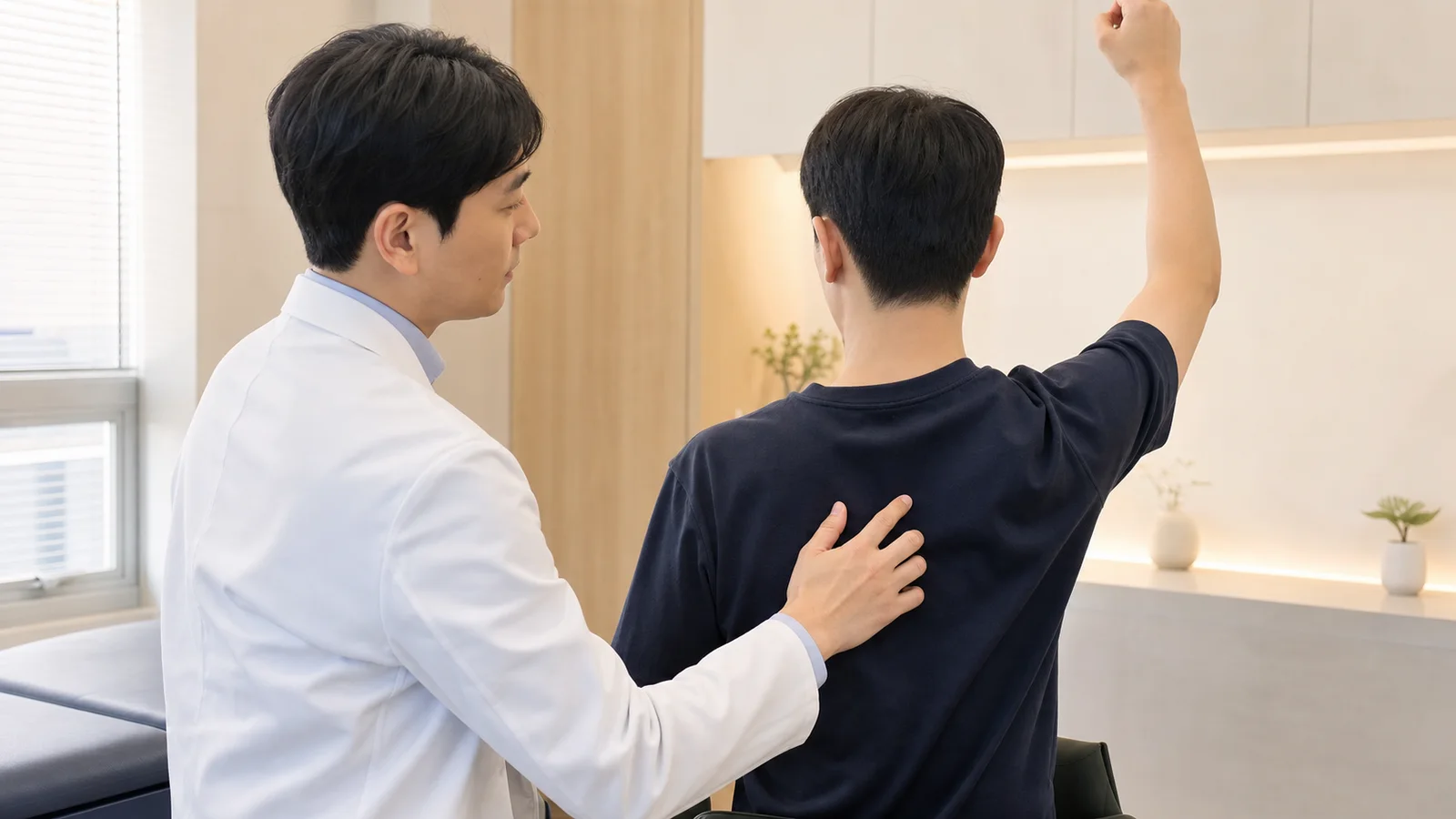 한국인 견갑골운동장애 환자가 국내 한의원 진료실에서 팔을 들어 올리며 견갑골 움직임을 확인받는 장면
