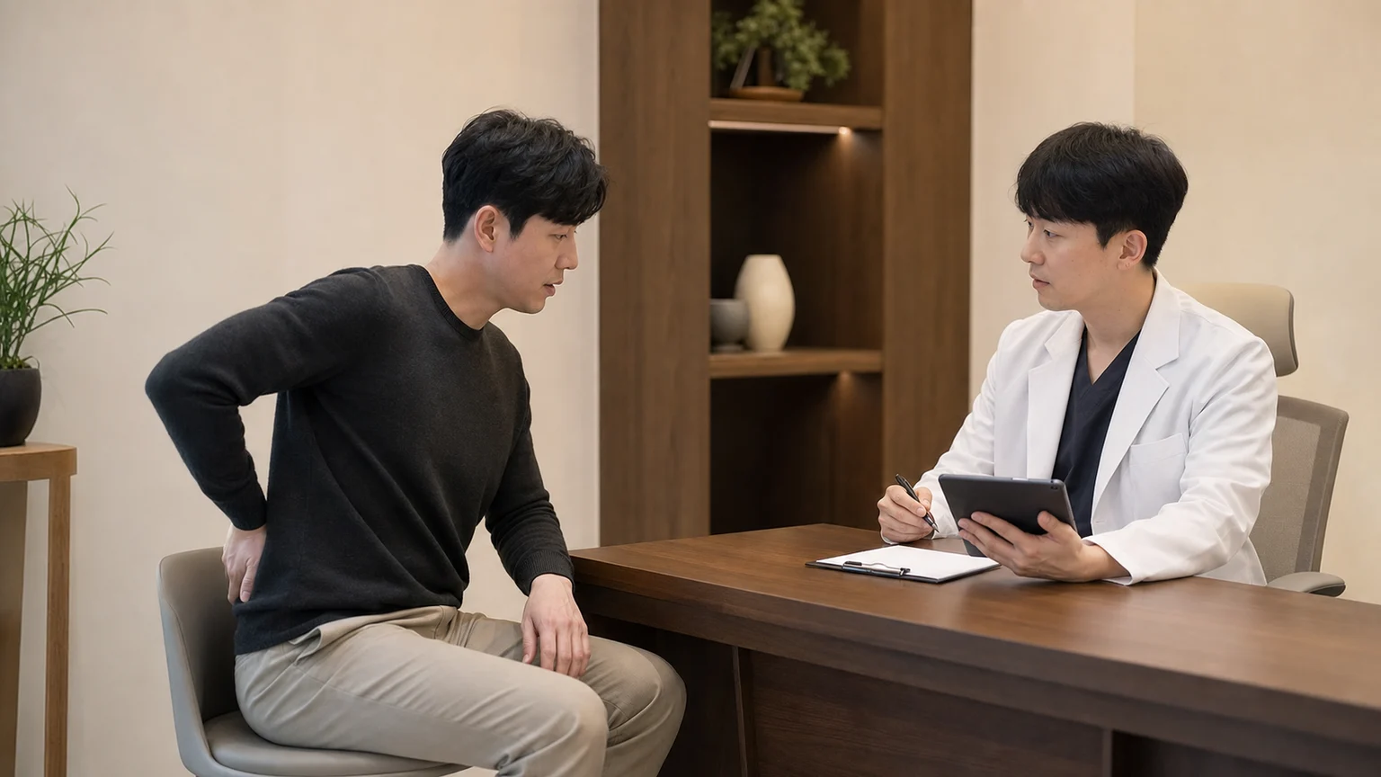 좌골신경통 환자가 국내 한의원 상담실에서 엉덩이와 다리 뒤쪽 통증을 한국인 의료진에게 설명하는 장면