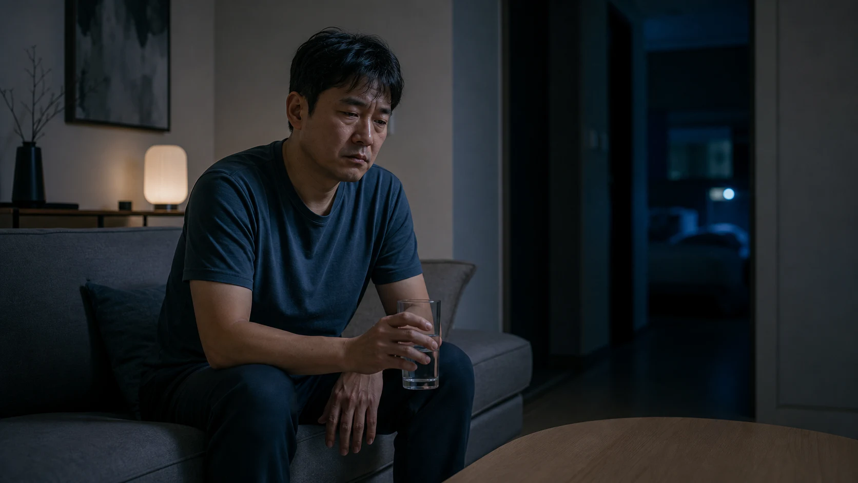 늦은 밤 거실 소파에 홀로 앉아 생각에 잠긴 남성