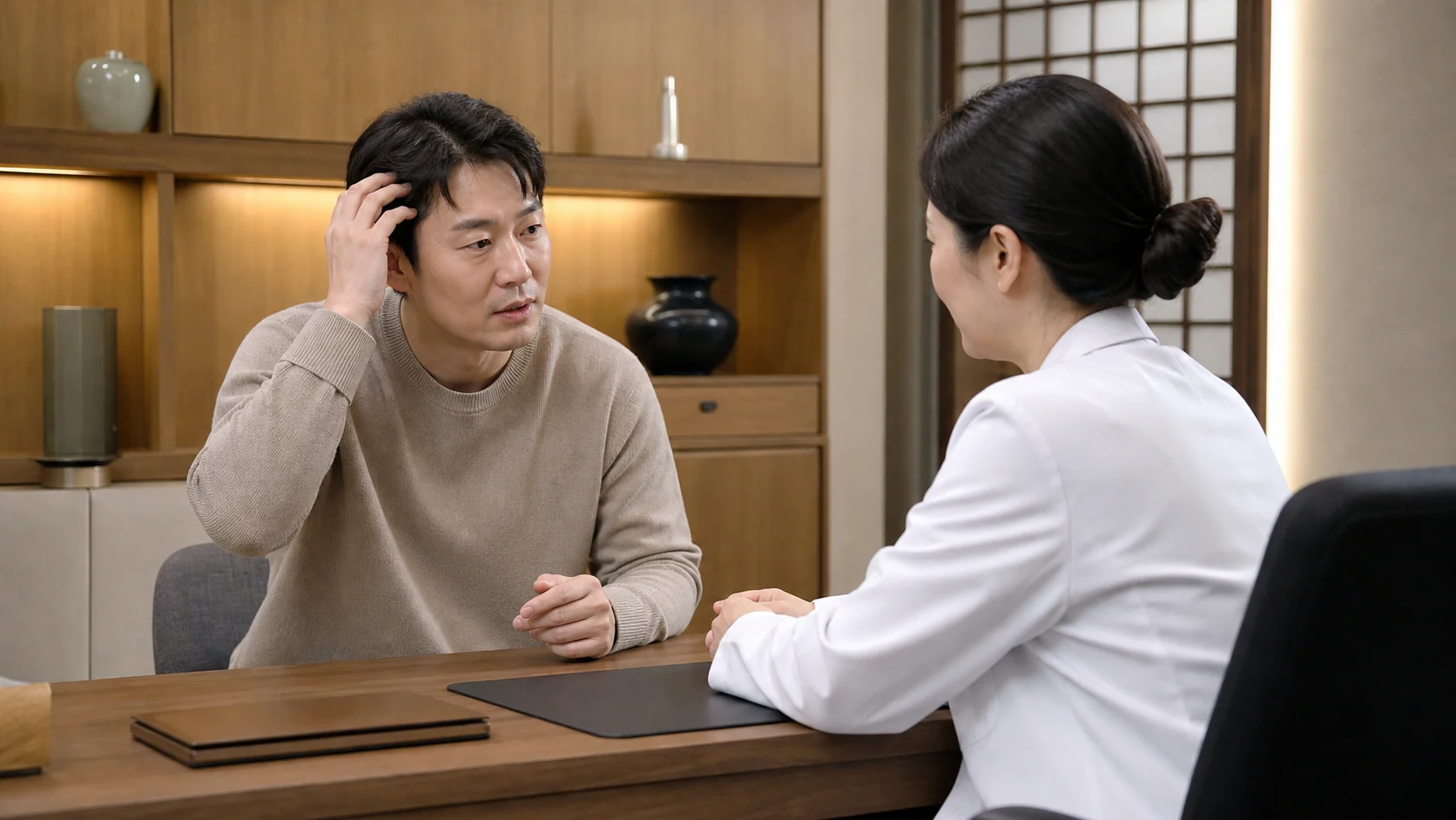 지루성두피염 상담에서 한국인 환자가 두피 가려움과 비듬 반복을 한국인 의료진에게 설명하는 국내 한의원 진료실 장면