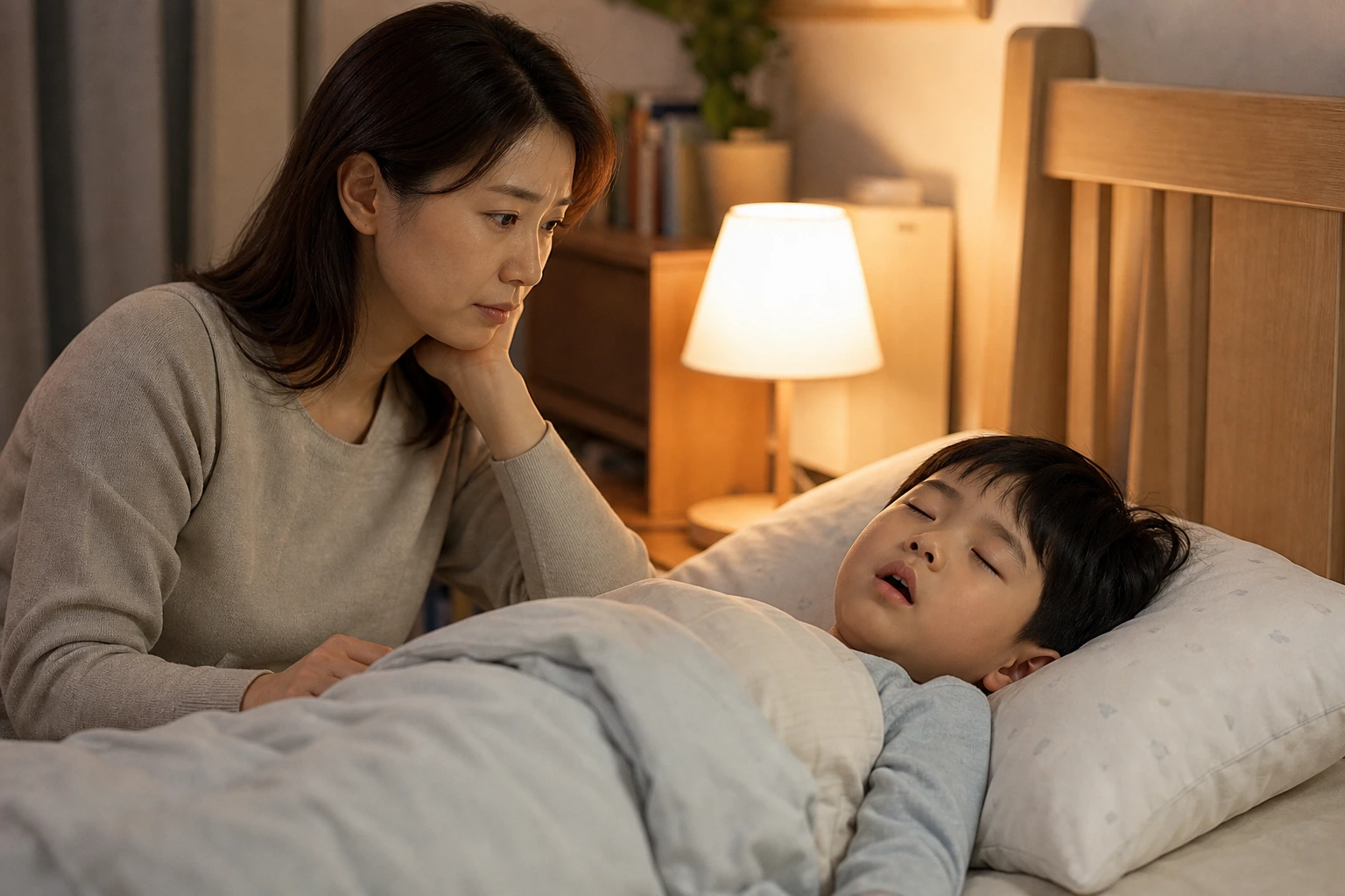 입을 벌리고 잠든 아이의 호흡과 뒤척임을 걱정스럽게 살피는 보호자