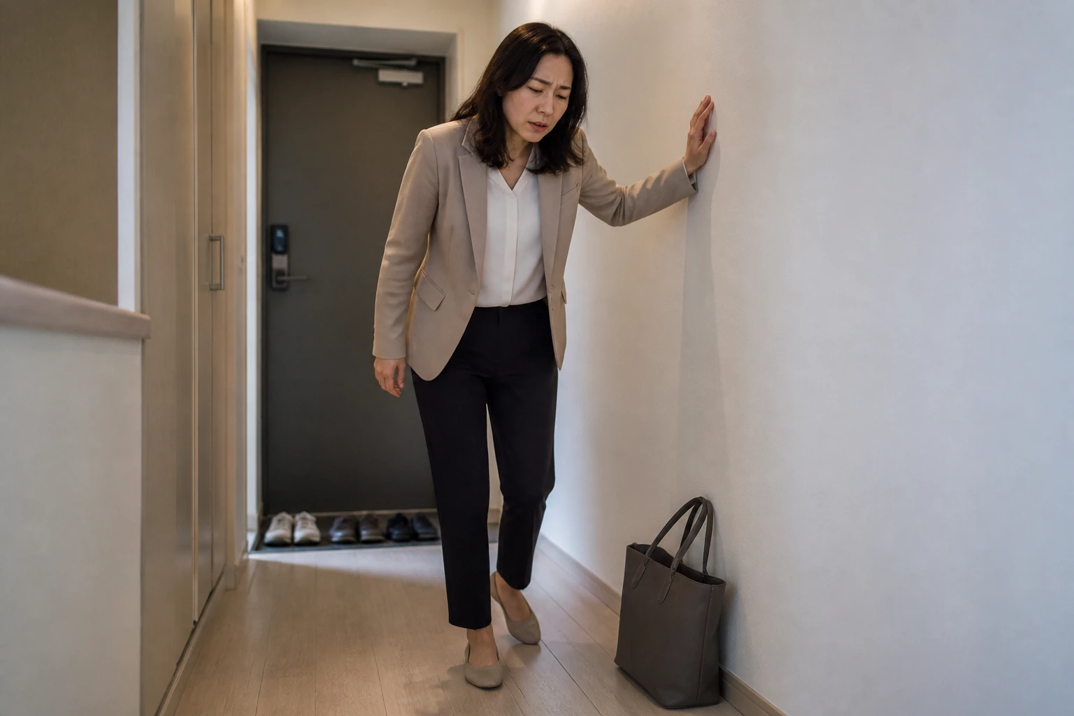 어지럼증으로 출근길 걷기를 멈추고 현관 벽을 짚은 한국인 여성 한 명