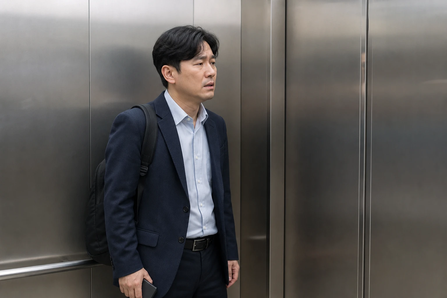귀 먹먹함과 압박감으로 엘리베이터에서 출근을 멈춘 한국인 남성 한 명
