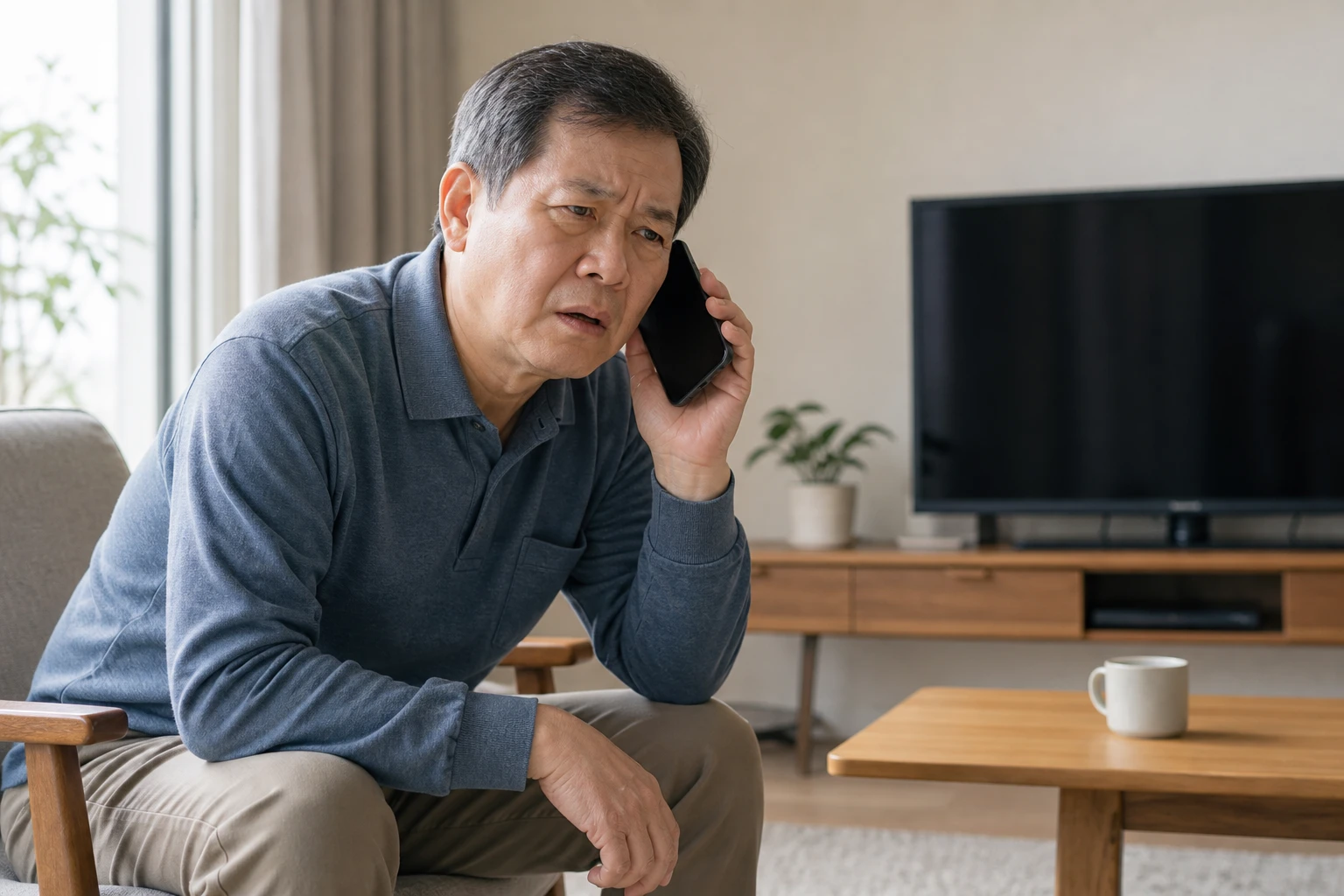 말소리가 잘 들리지 않아 전화 대화를 멈춘 한국인 남성 한 명