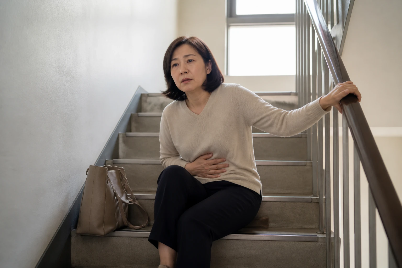 회전성 어지럼과 메스꺼움으로 계단 이동을 멈춘 한국인 여성 한 명