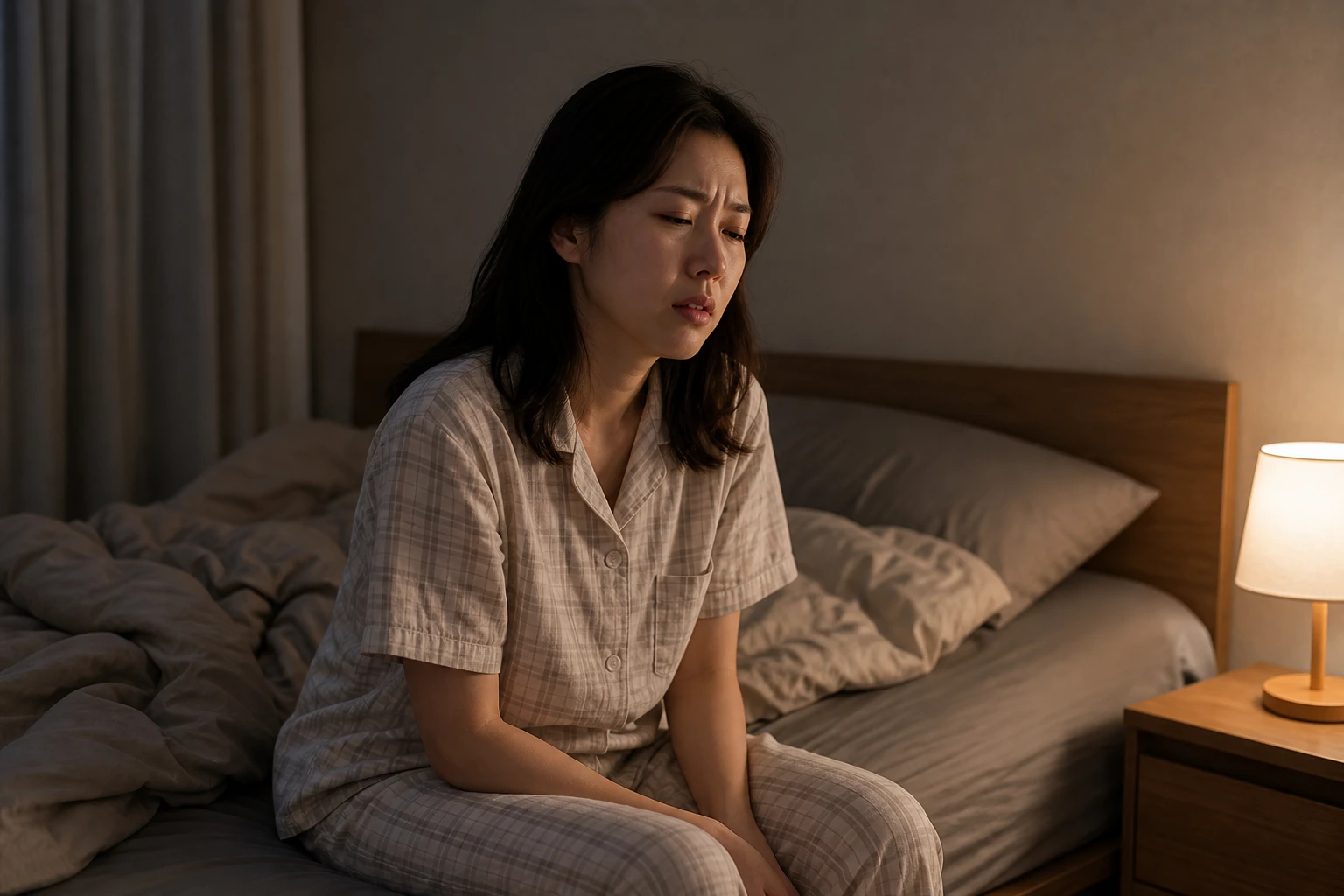 깊은 귀 통증 때문에 잠에서 깨 침대에 앉아 있는 한국인 여성 한 명