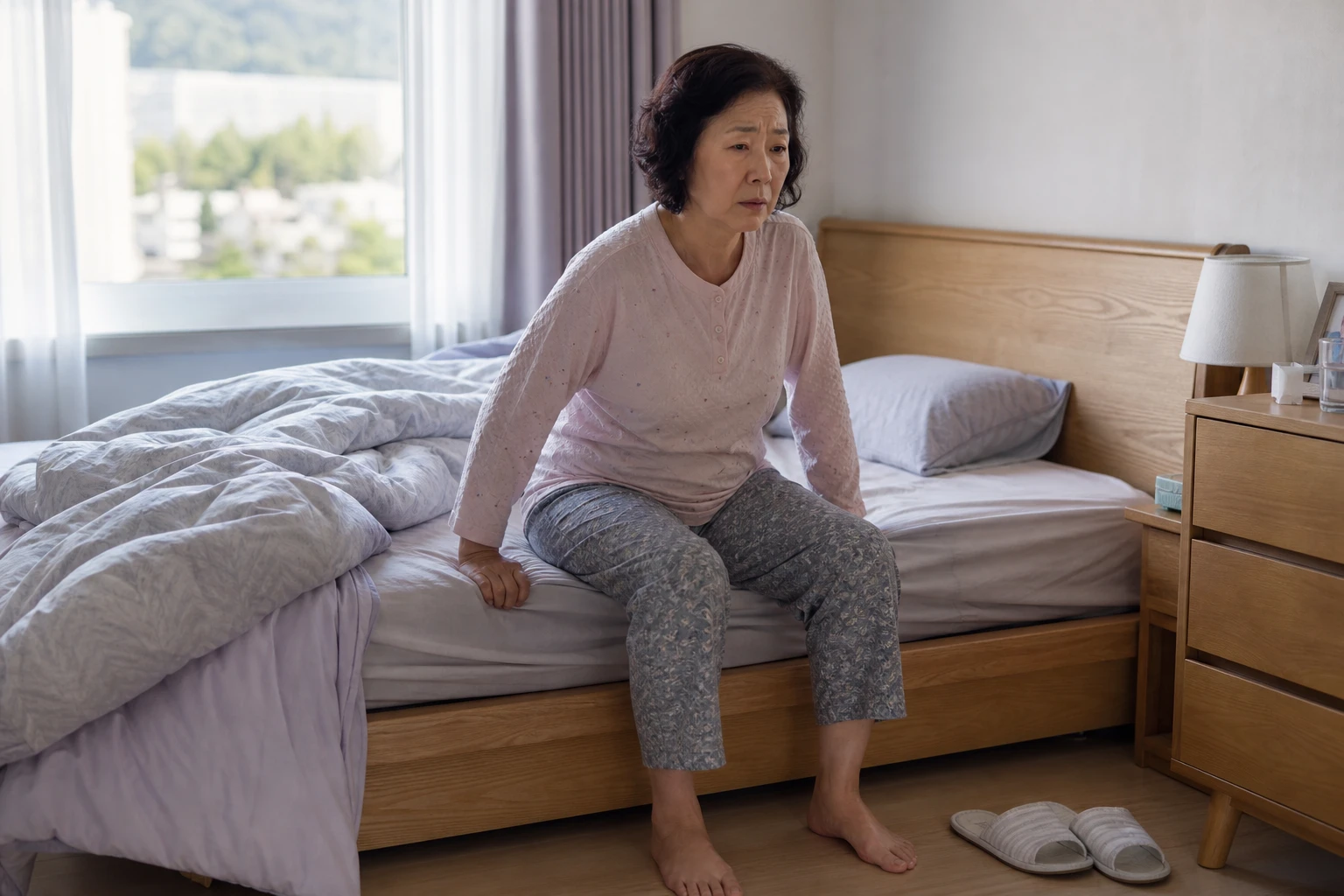 돌아눕고 일어난 뒤 회전감으로 아침 동작을 멈춘 한국인 여성 한 명