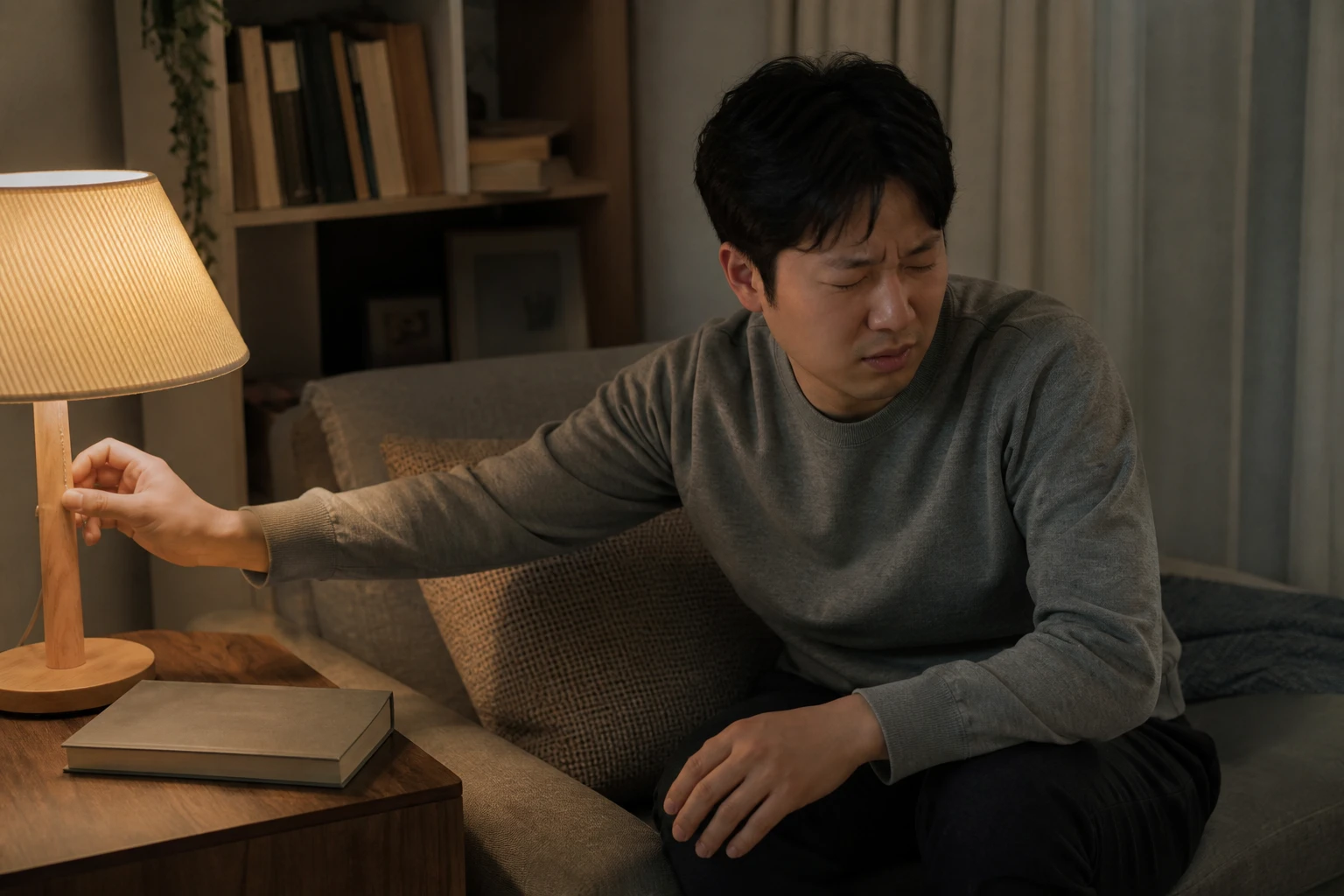 깊은 눈 통증과 빛 민감으로 독서를 멈추고 조명을 끄는 한국인 남성 한 명