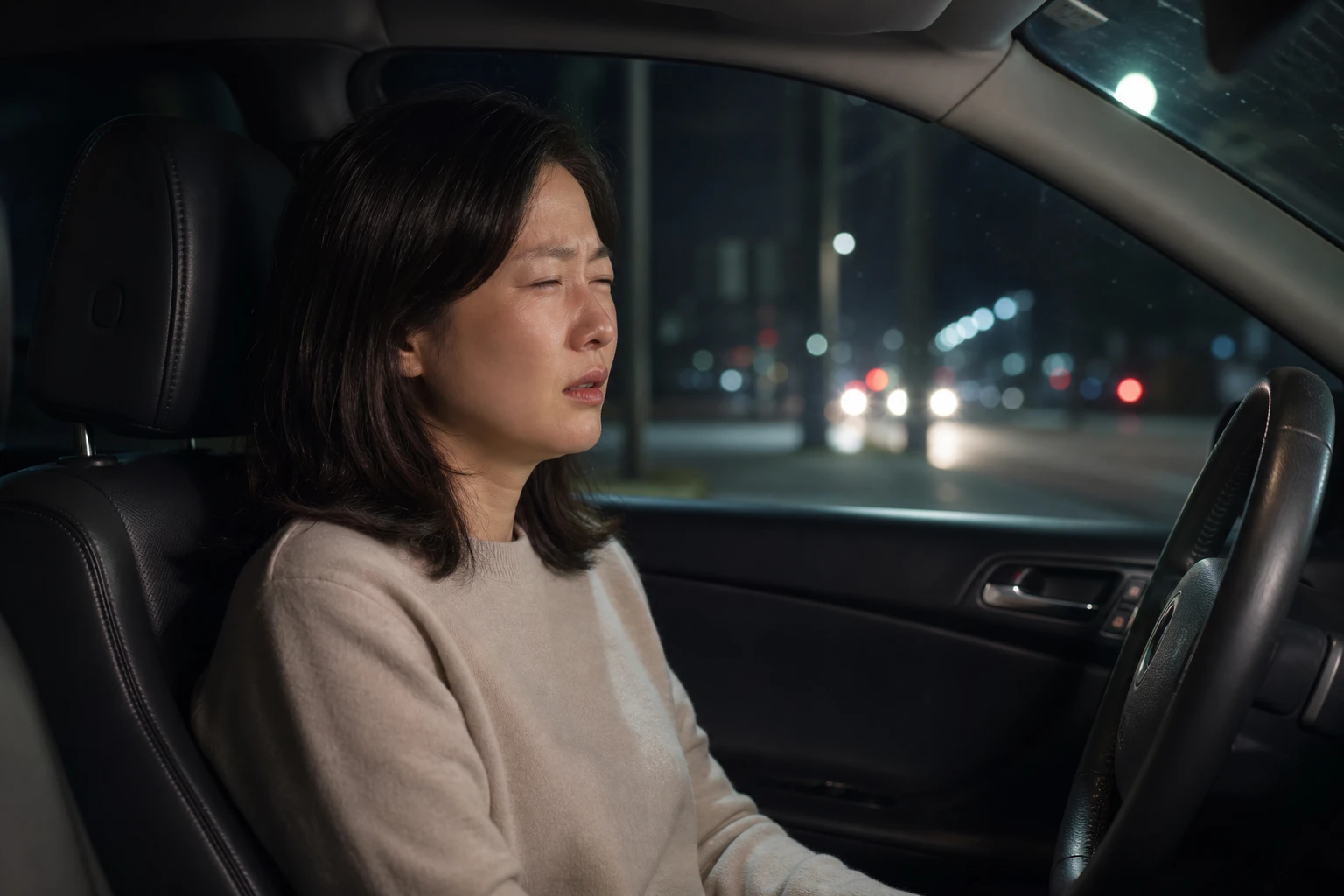충혈과 눈부심 때문에 야간 운전을 멈춘 한국인 여성 한 명