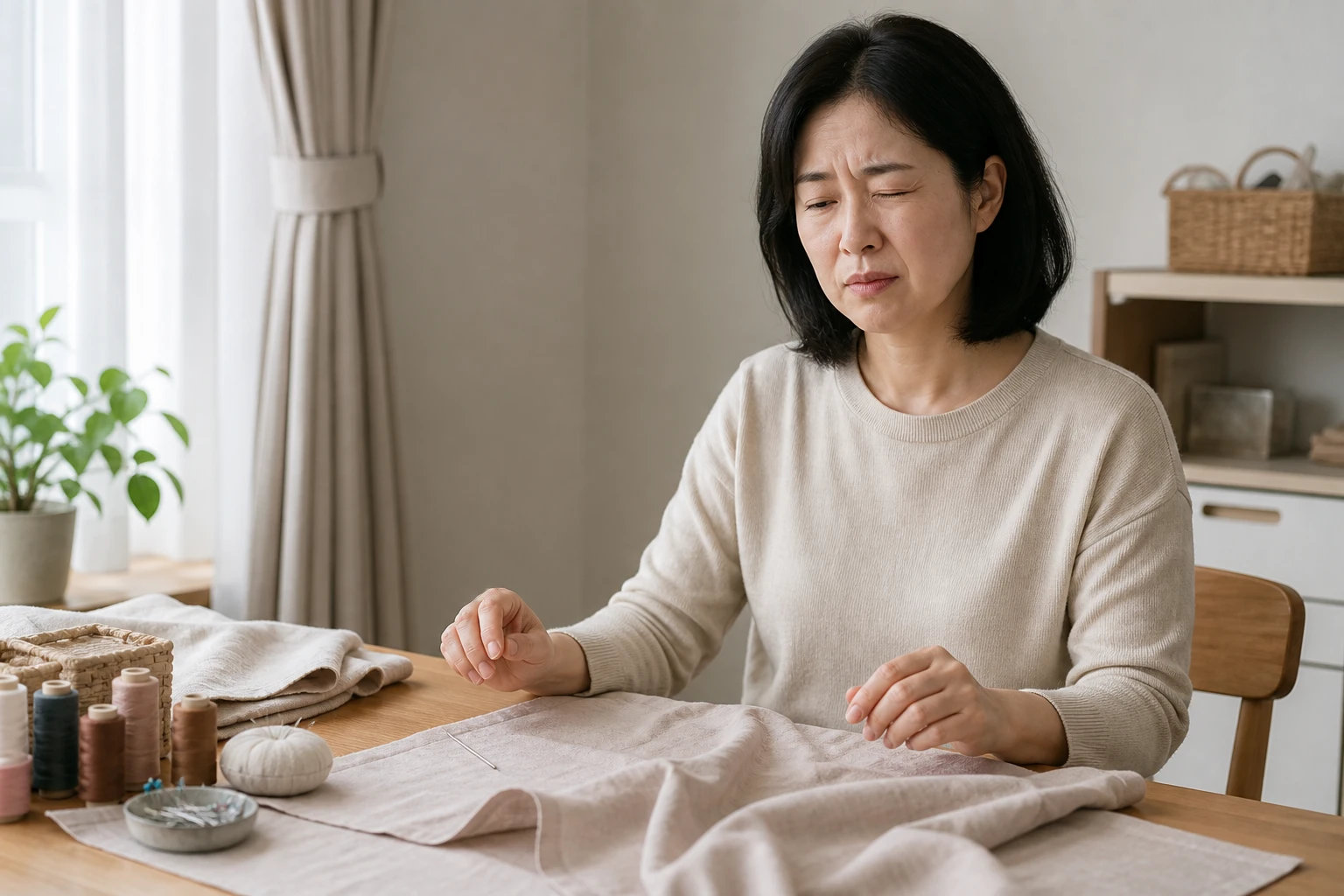 눈꺼풀 떨림과 조임 때문에 바느질을 멈춘 한국인 여성 한 명