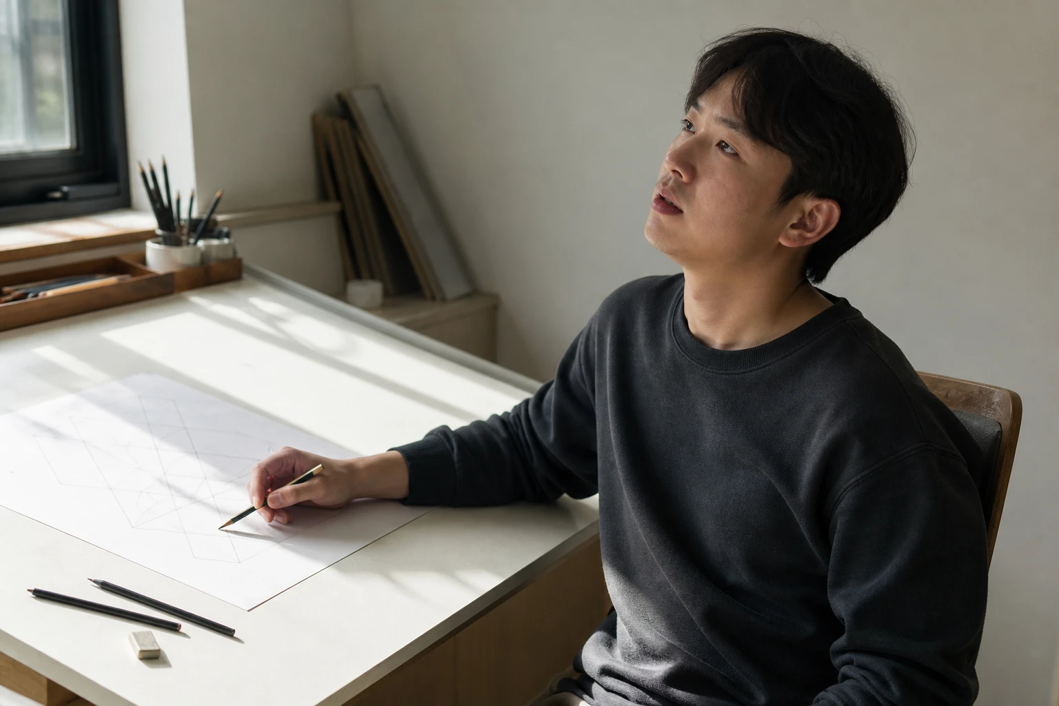 떠다니는 비문 때문에 밝은 도면 작업을 멈춘 한국인 남성 한 명