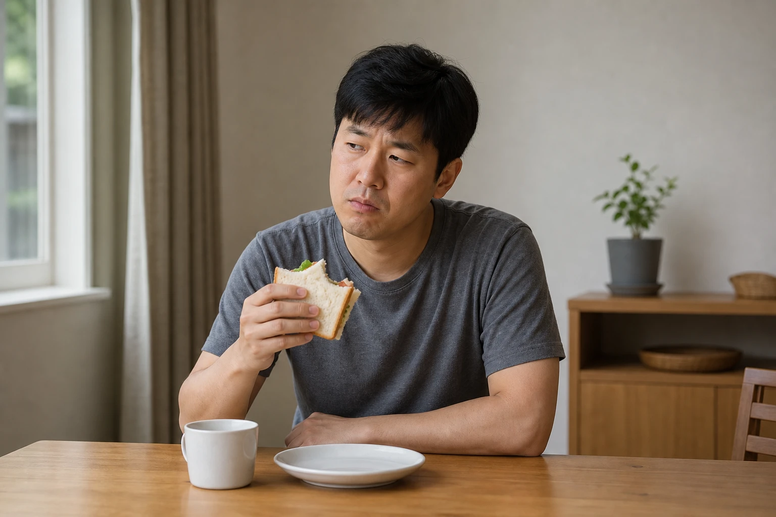 한쪽 턱 움직임과 얼굴 불균형으로 아침 식사를 멈춘 한국인 남성 한 명