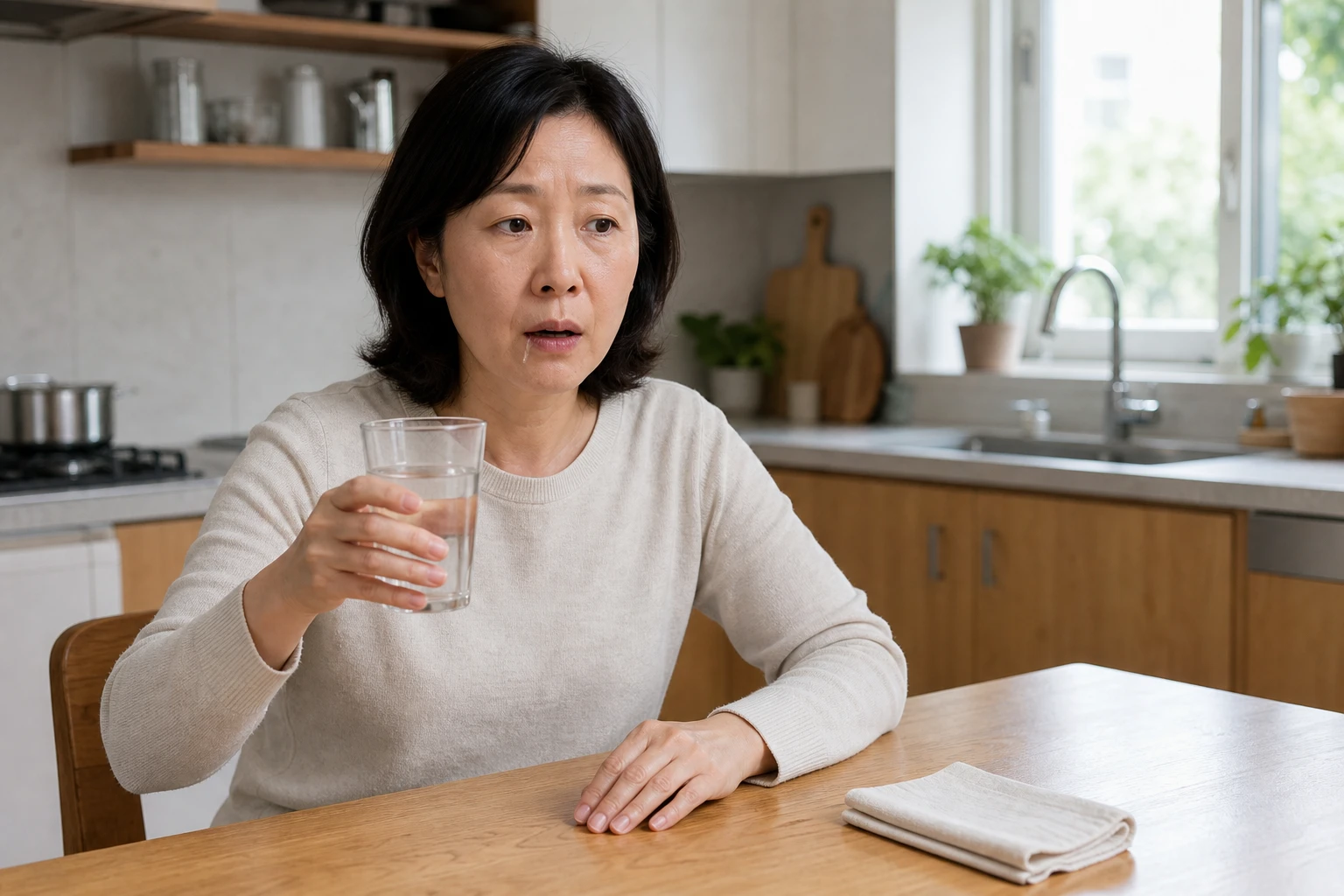 한쪽 얼굴 힘이 떨어져 물 마시기를 멈춘 한국인 여성 한 명