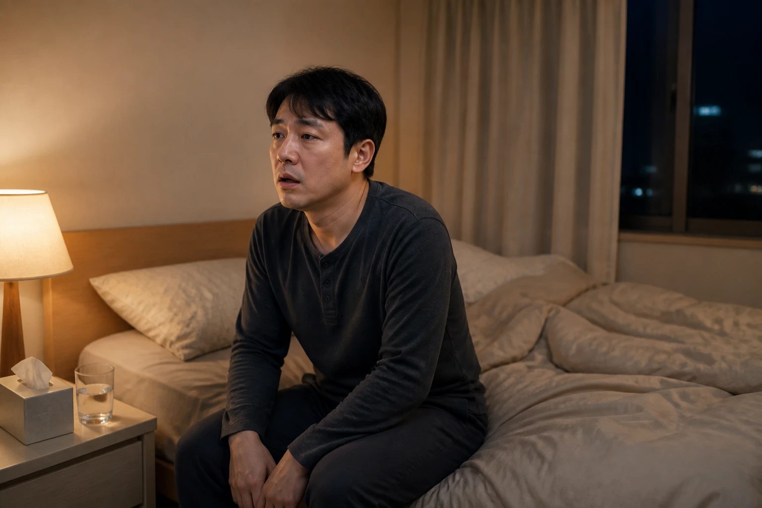 코 안 건조감과 입호흡 때문에 밤잠에서 깬 한국인 남성 한 명