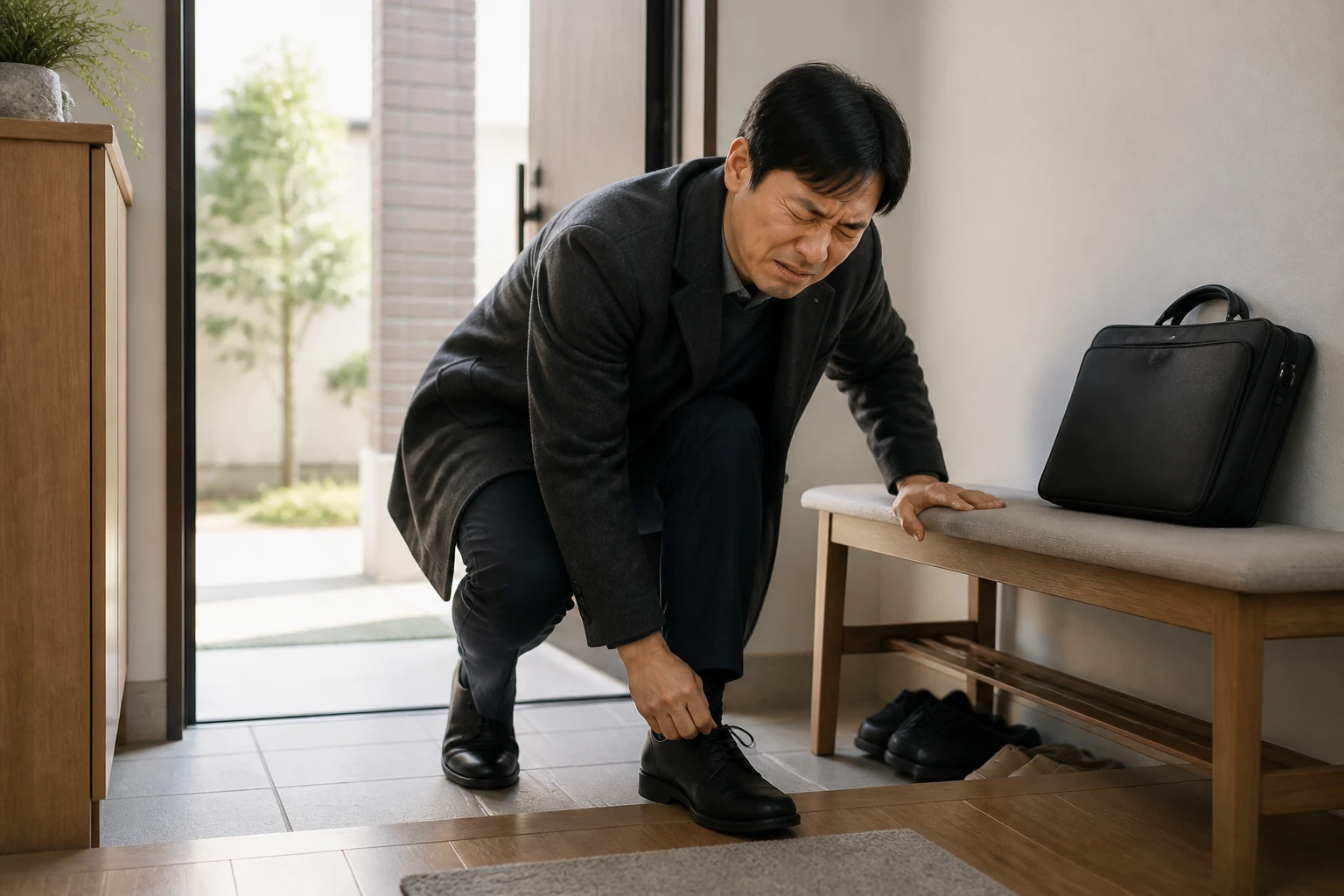 고개를 숙일 때 심해지는 얼굴 압박감으로 신발 신기를 멈춘 한국인 남성 한 명