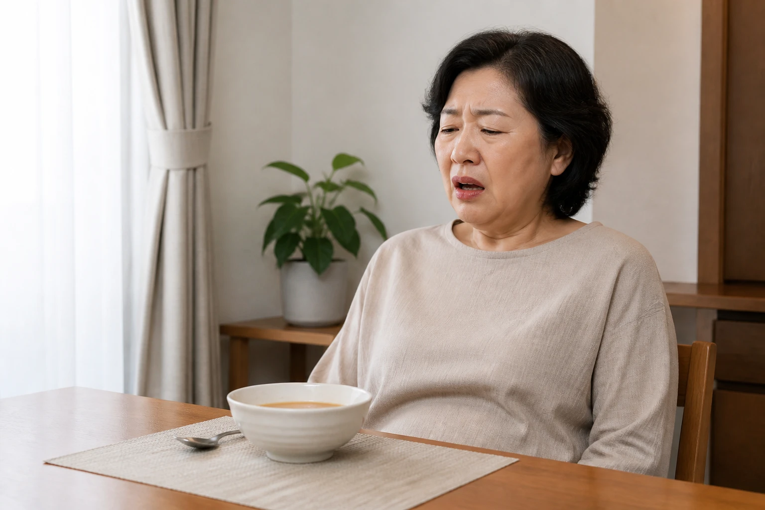 혀와 입안의 타는 감각 때문에 따뜻한 저녁 식사를 멈춘 한국인 여성 한 명