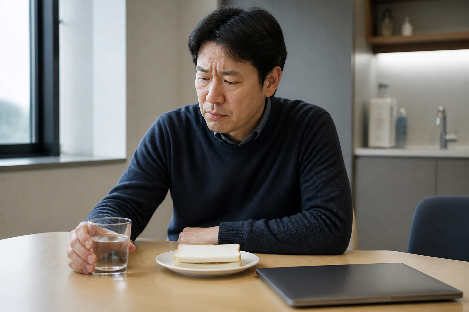 심한 입마름으로 빵을 씹고 삼키기 어려워 점심을 멈춘 한국인 남성 한 명