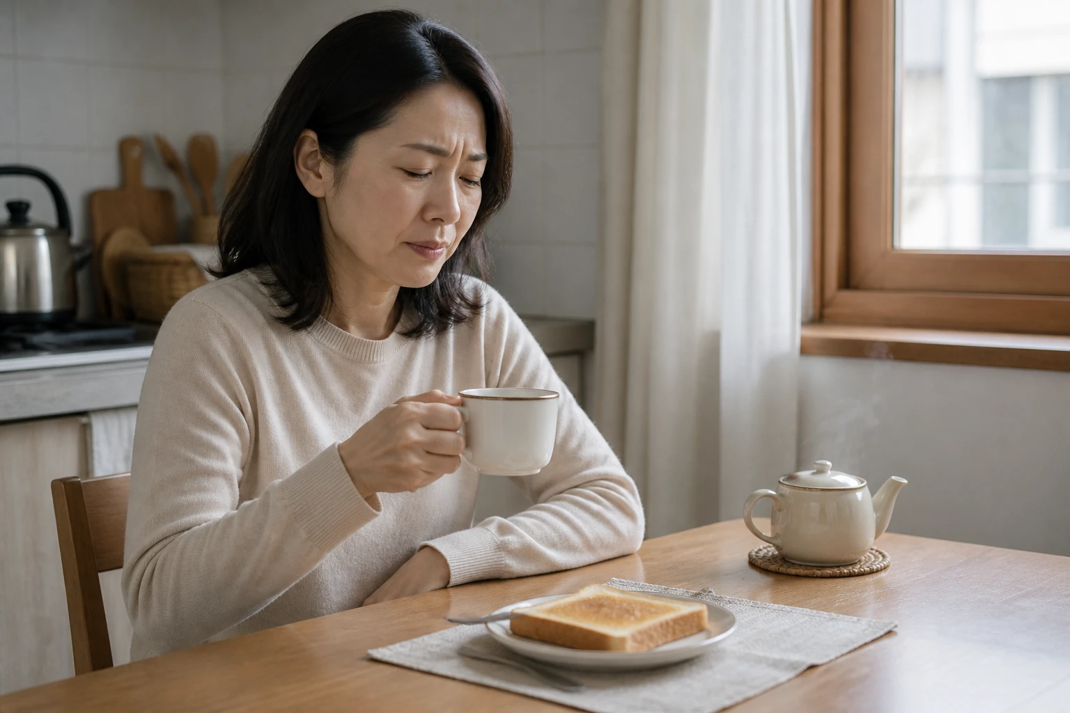 붓고 따가운 혀 때문에 차와 토스트 아침 식사를 멈춘 한국인 여성 한 명