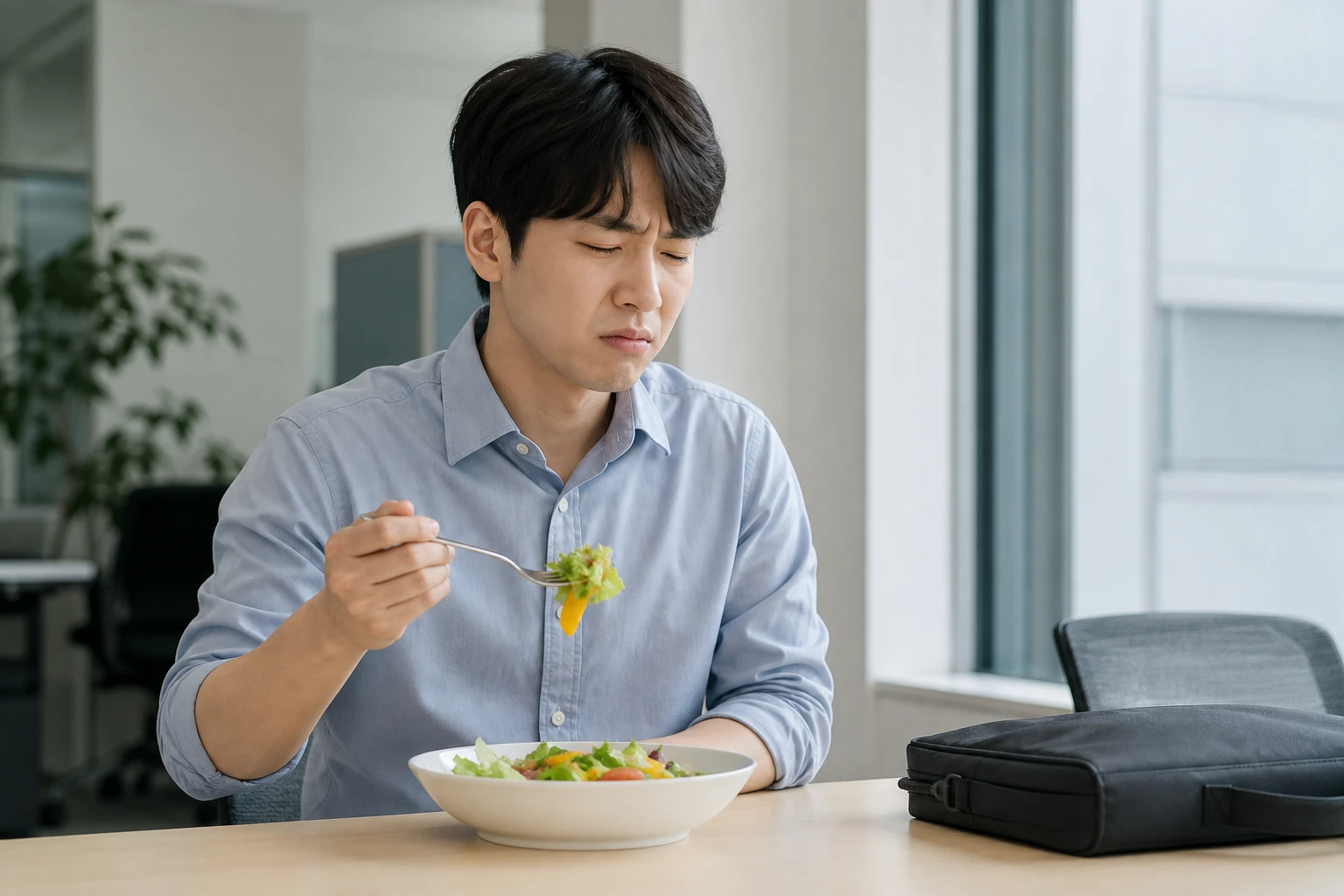 구강궤양에 음식이 닿아 사무실 점심을 멈춘 한국인 남성 한 명