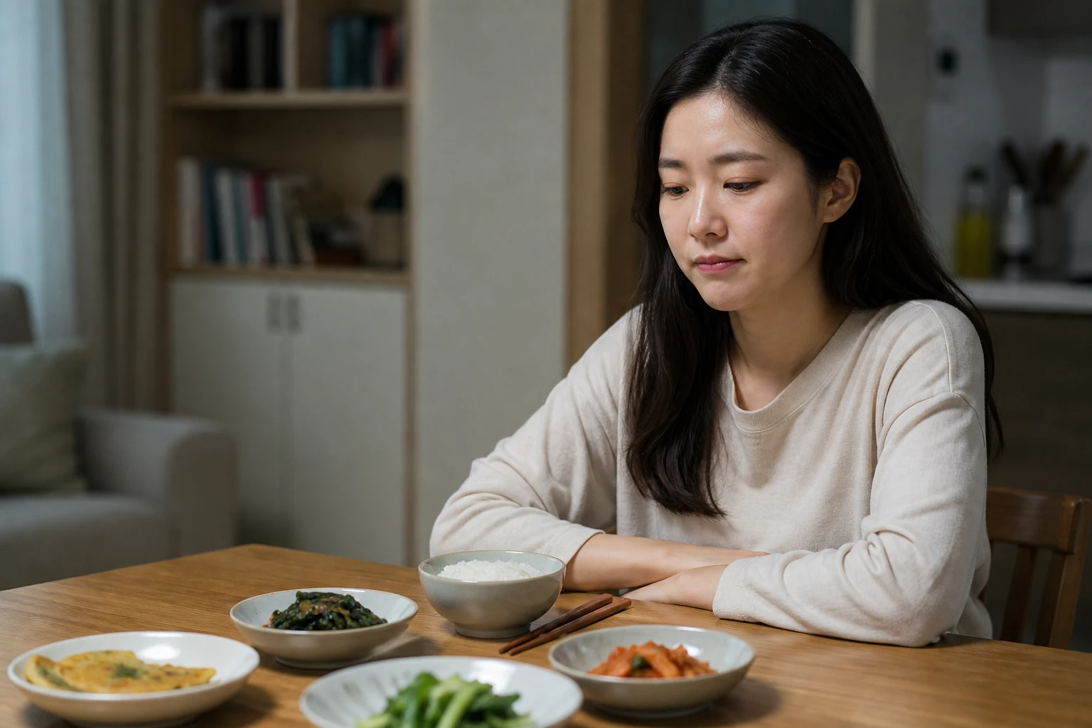 입안 여러 곳의 쓰라림 때문에 저녁 식사를 멈춘 한국인 여성 한 명