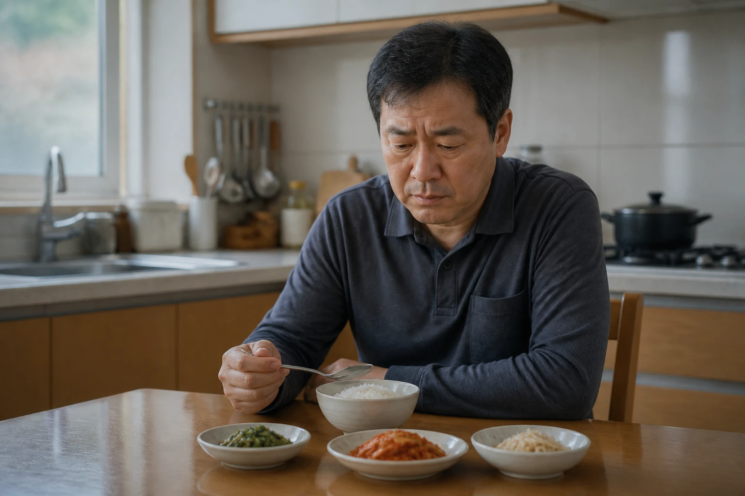 익숙한 음식이 금속맛처럼 느껴져 식사를 멈춘 한국인 남성 한 명