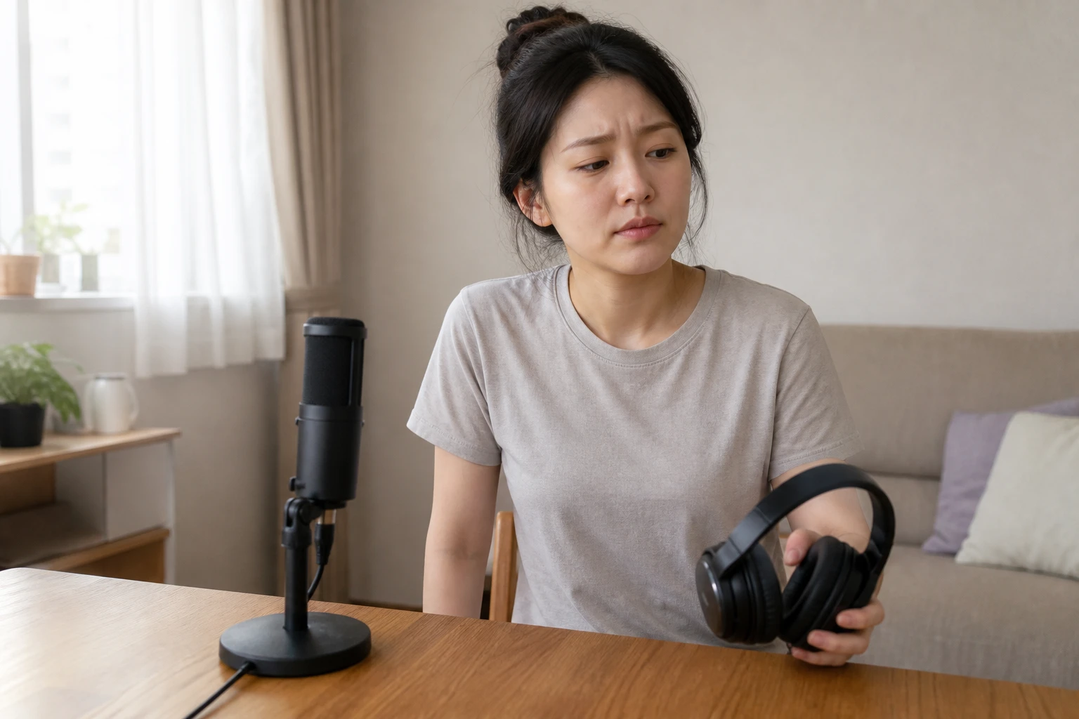말할 때 혀 궤양 통증이 심해져 음성 연습을 멈춘 한국인 여성 한 명