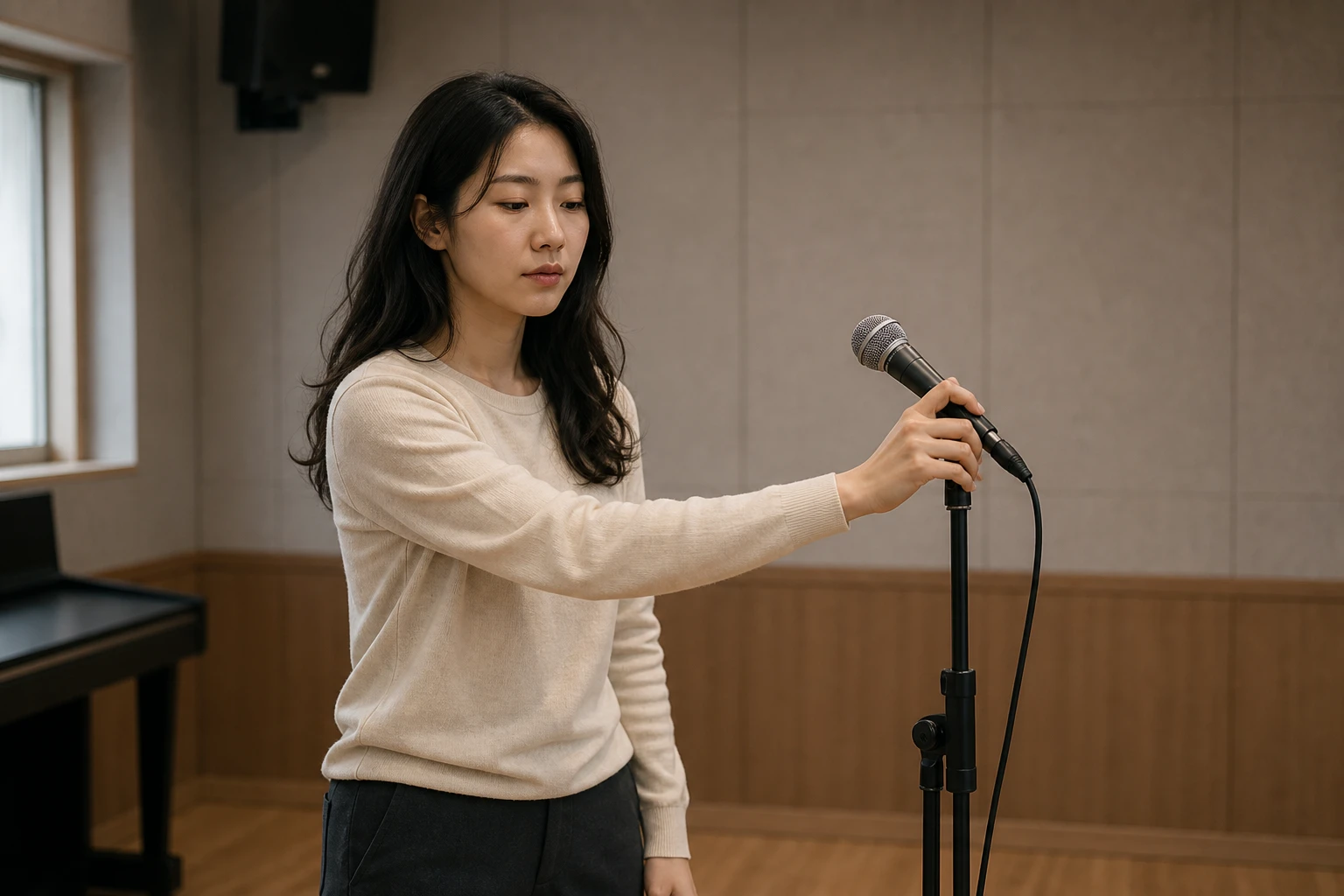 쉰 목소리와 발성 저하 때문에 노래 연습을 멈춘 한국인 여성 한 명