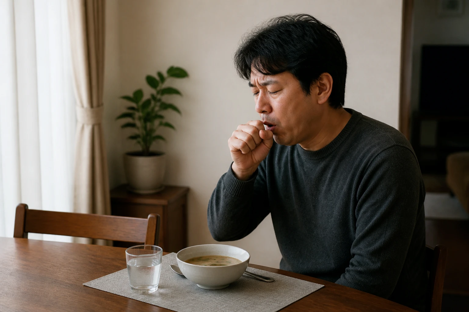 목 통증과 마른기침 때문에 저녁 식사와 대화를 멈춘 한국인 남성 한 명