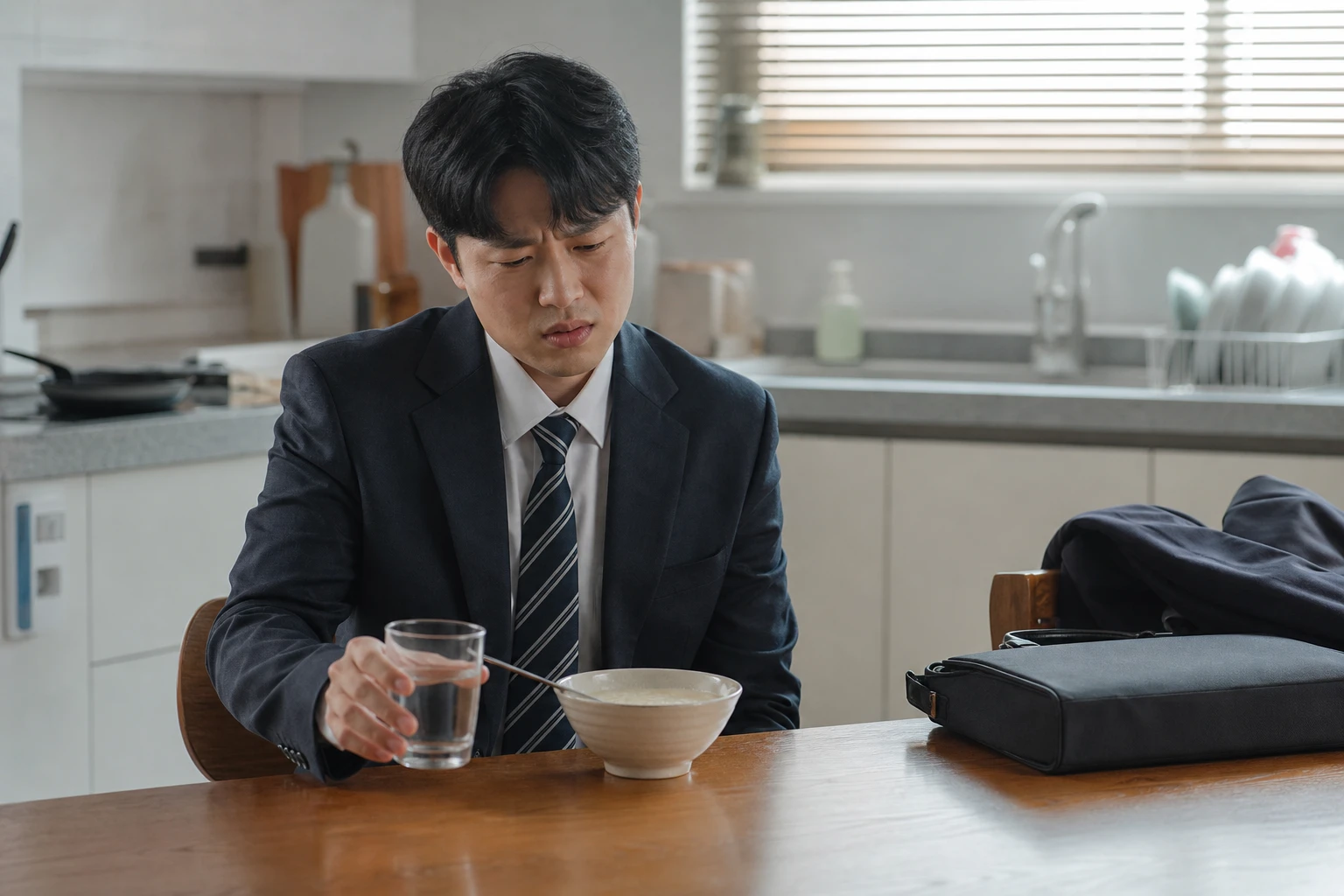 심한 편도 통증 때문에 아침 식사와 출근을 멈춘 한국인 남성 한 명