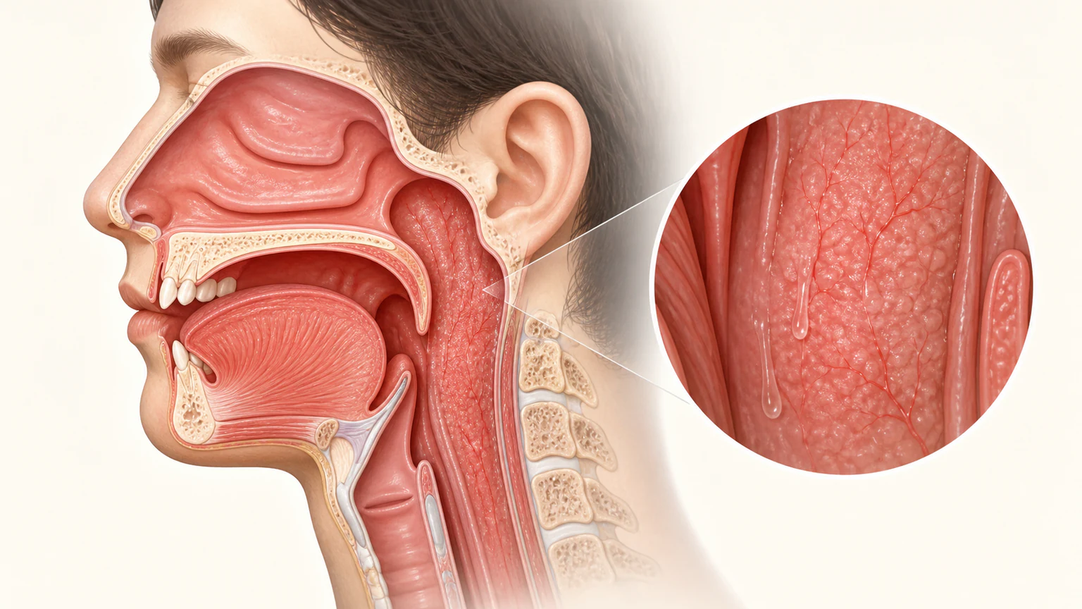 만성인후염의 관련 해부 구조와 서양의학적 변화를 보여 주는 의료 이미지