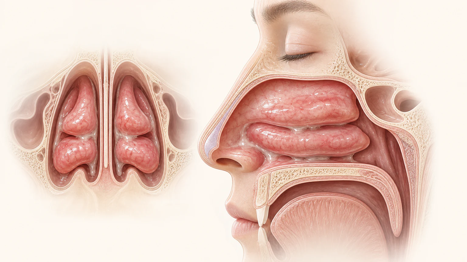 만성비염의 관련 해부 구조와 서양의학적 변화를 보여 주는 의료 이미지