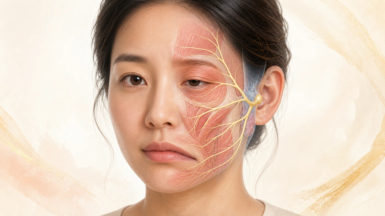 안면마비의 관련 해부 구조와 서양의학적 변화를 보여 주는 의료 이미지