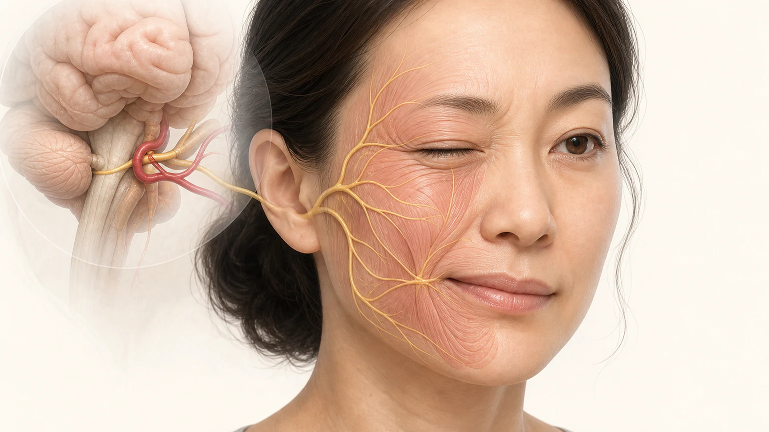 안면경련의 관련 해부 구조와 서양의학적 변화를 보여 주는 의료 이미지