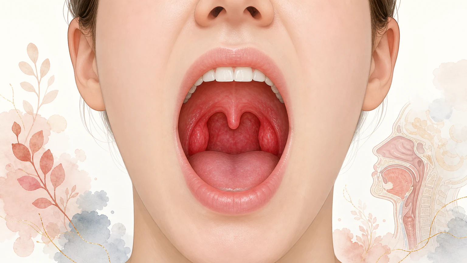 인두염의 관련 해부 구조와 서양의학적 변화를 보여 주는 의료 이미지