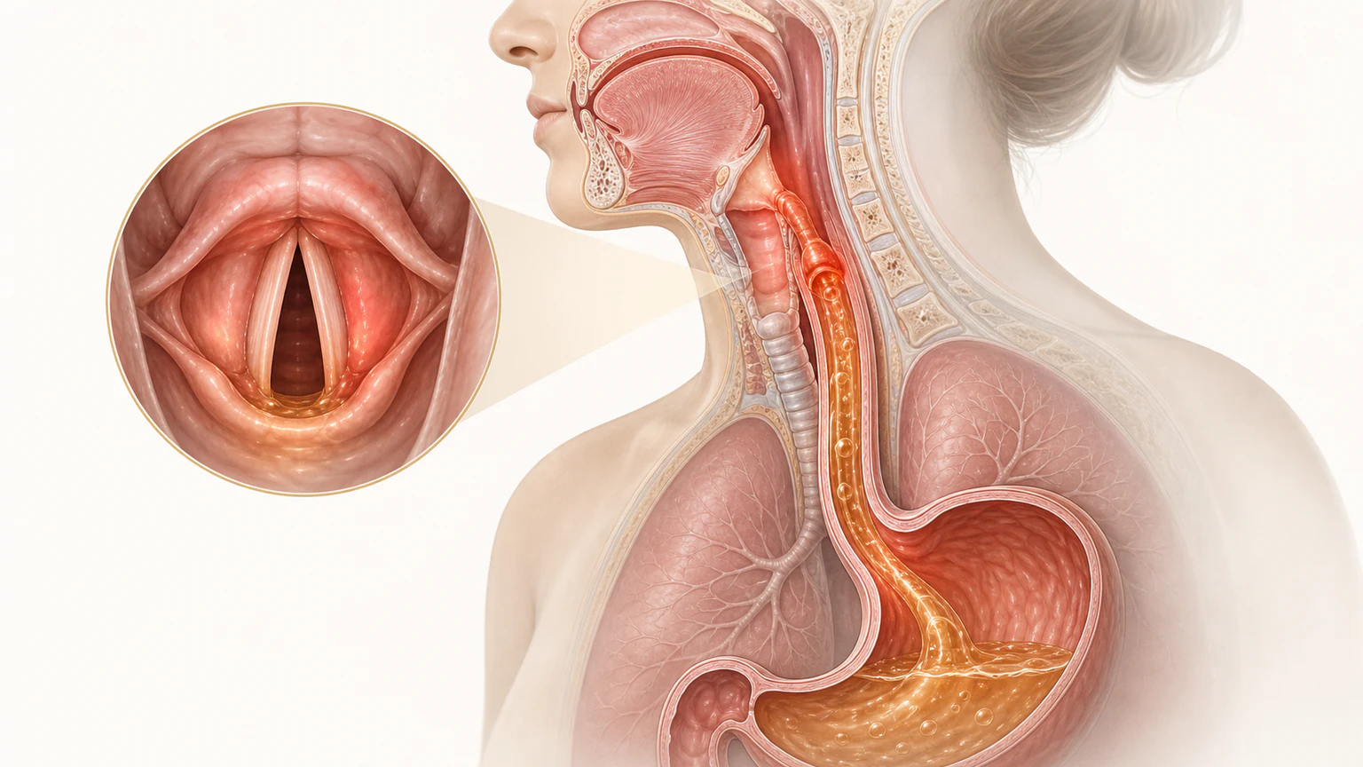 역류성 후두염의 관련 해부 구조와 서양의학적 변화를 보여 주는 의료 이미지
