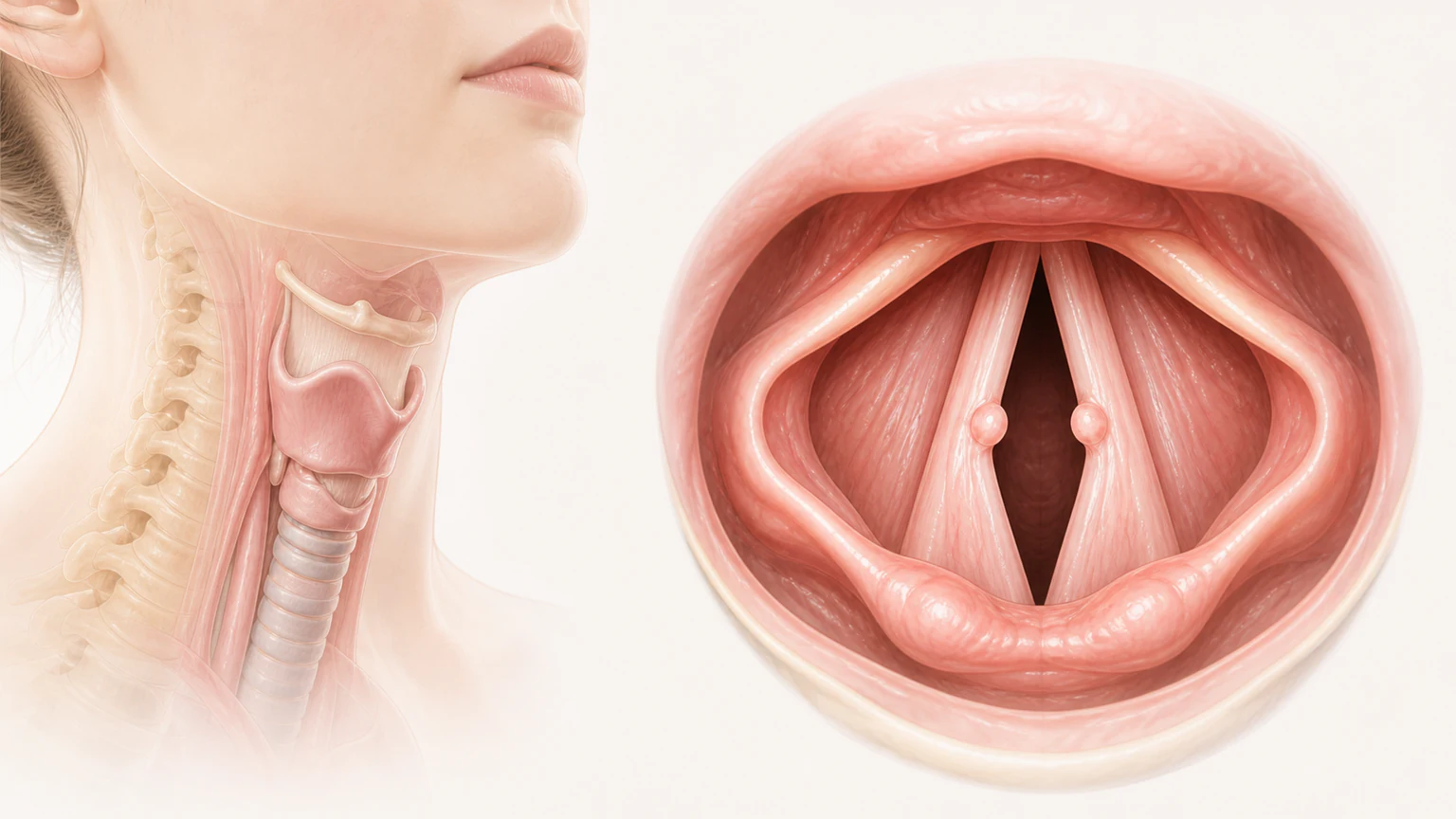 성대결절의 관련 해부 구조와 서양의학적 변화를 보여 주는 의료 이미지